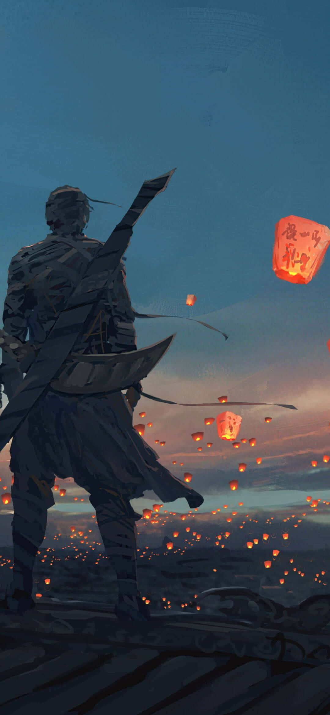 1080x2340 4K Anime Warrior Sky Lantern Wallpaper