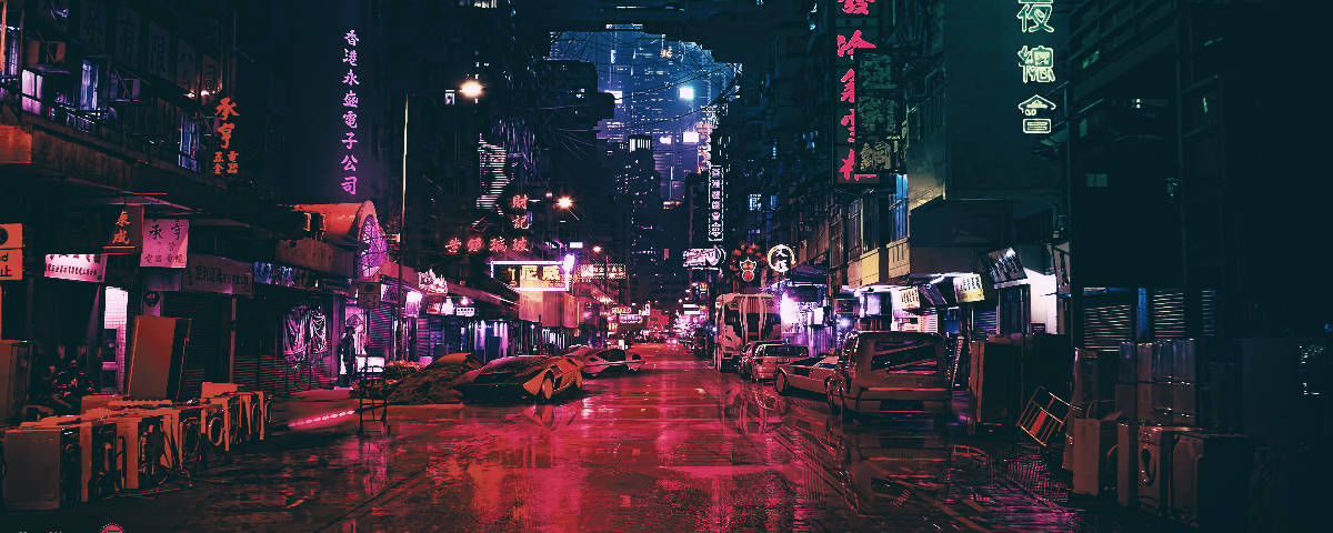 1200x48 Lungsod na May Neon na Ilaw at Karatula Wallpaper