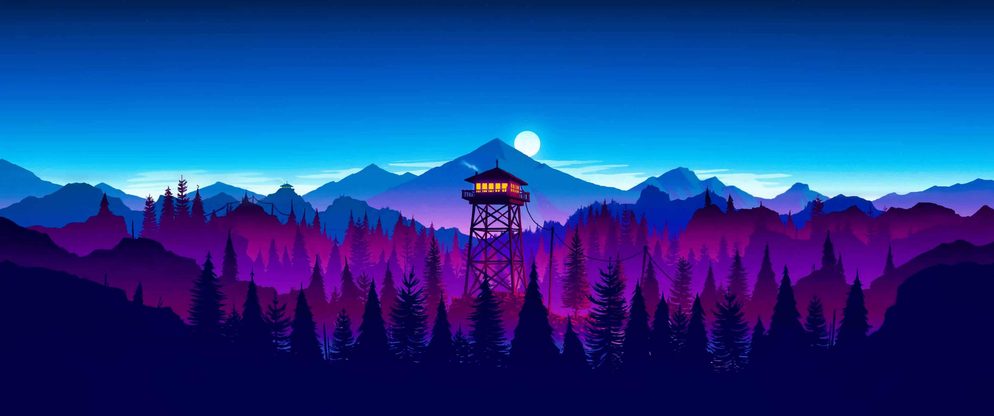 3440x1440 Minimalistang Watchtower sa Ilang Wallpaper