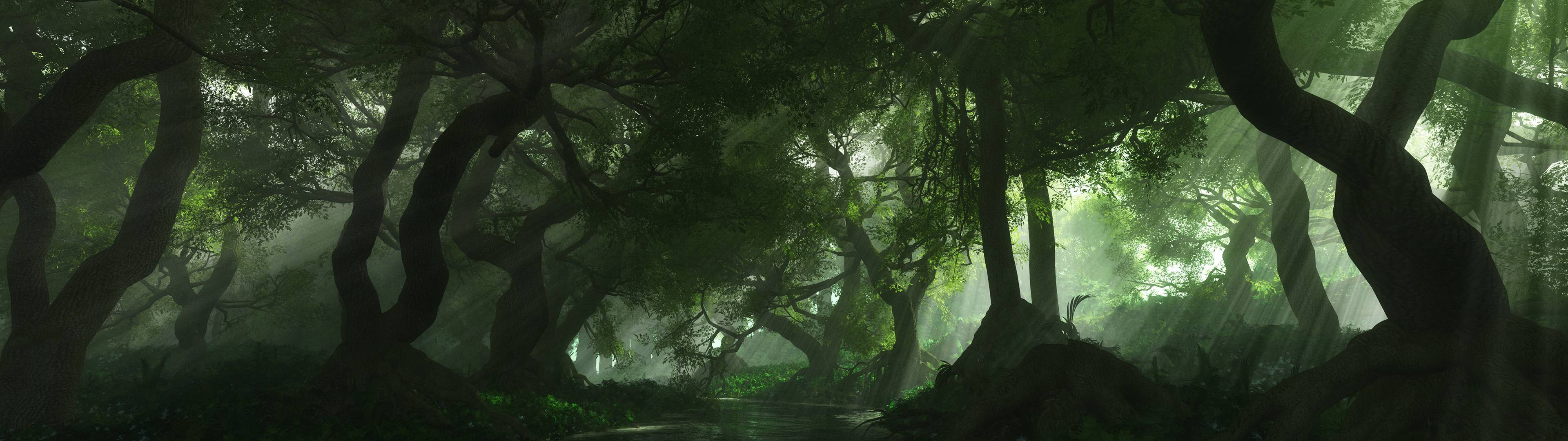 3840x1080 HD Dalawang Monitor na Kagubatan Wallpaper