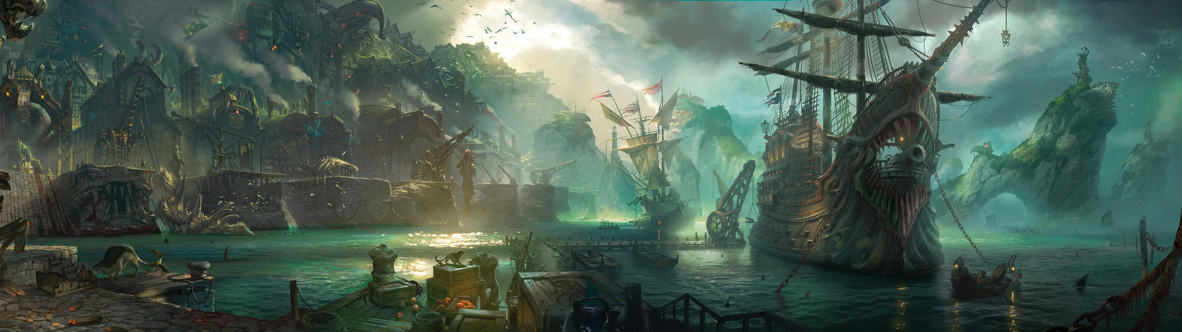 3840x1080 HD Dual Monitor na mga Barkong Pirata Wallpaper