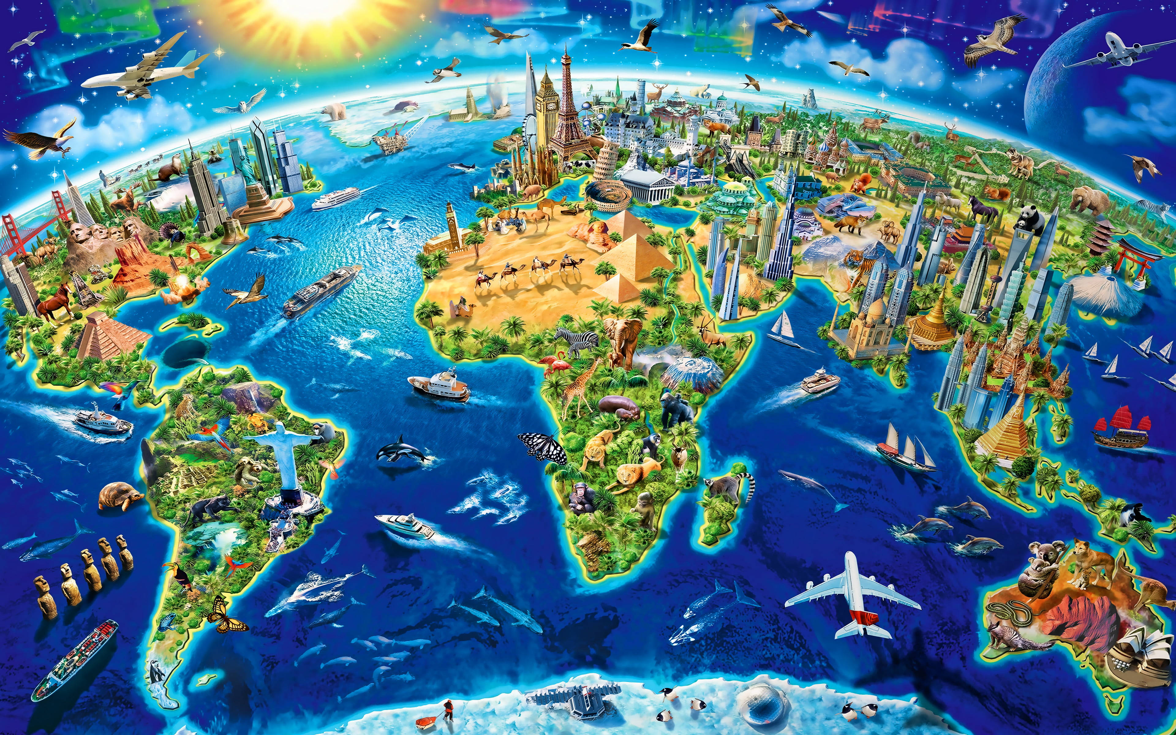 3D Aerial World Map na May mga Gusali sa Mataas na Resolution Wallpaper
