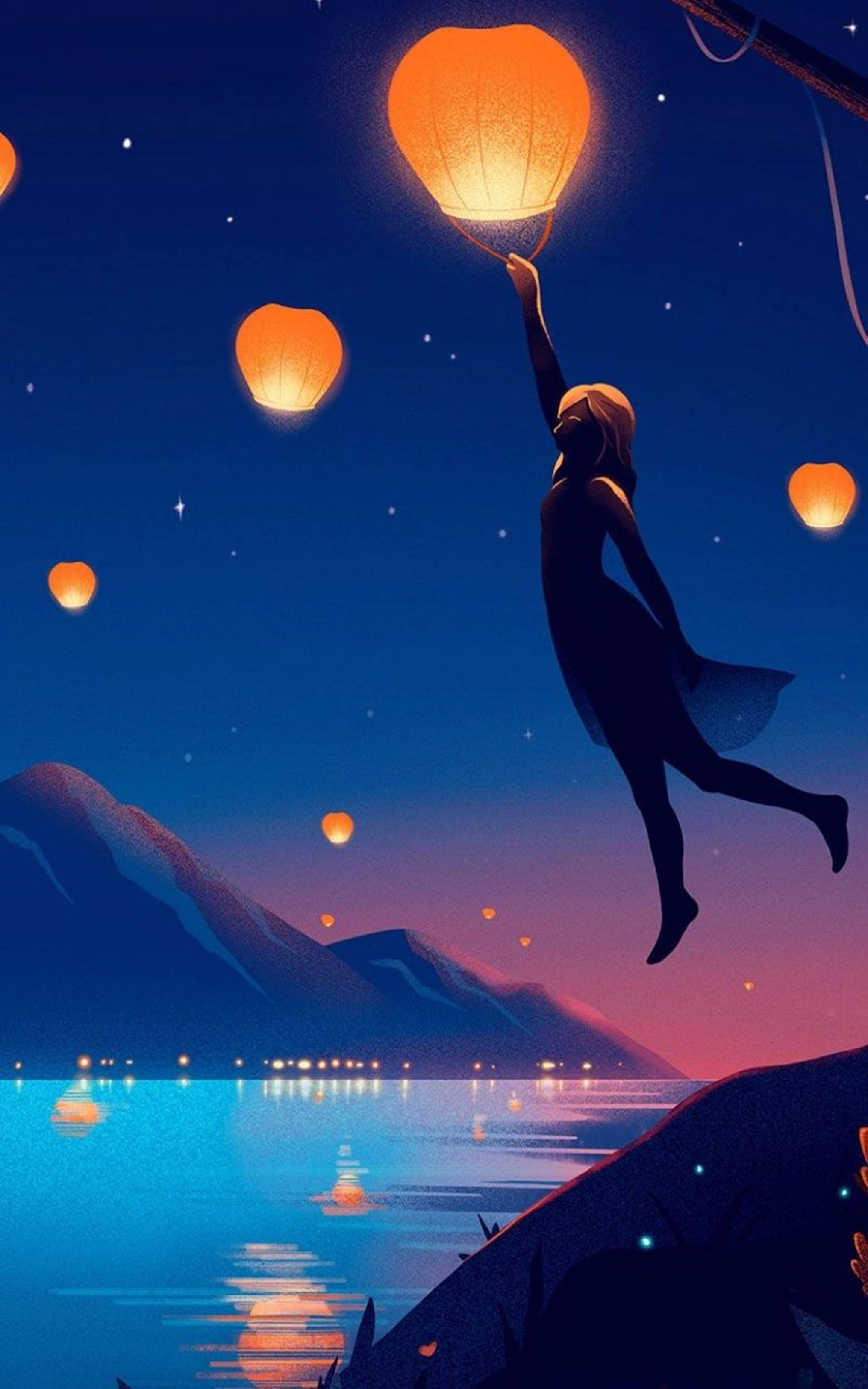 4K Anime Babae na Kumukuha ng Lumulutang na Parol Wallpaper