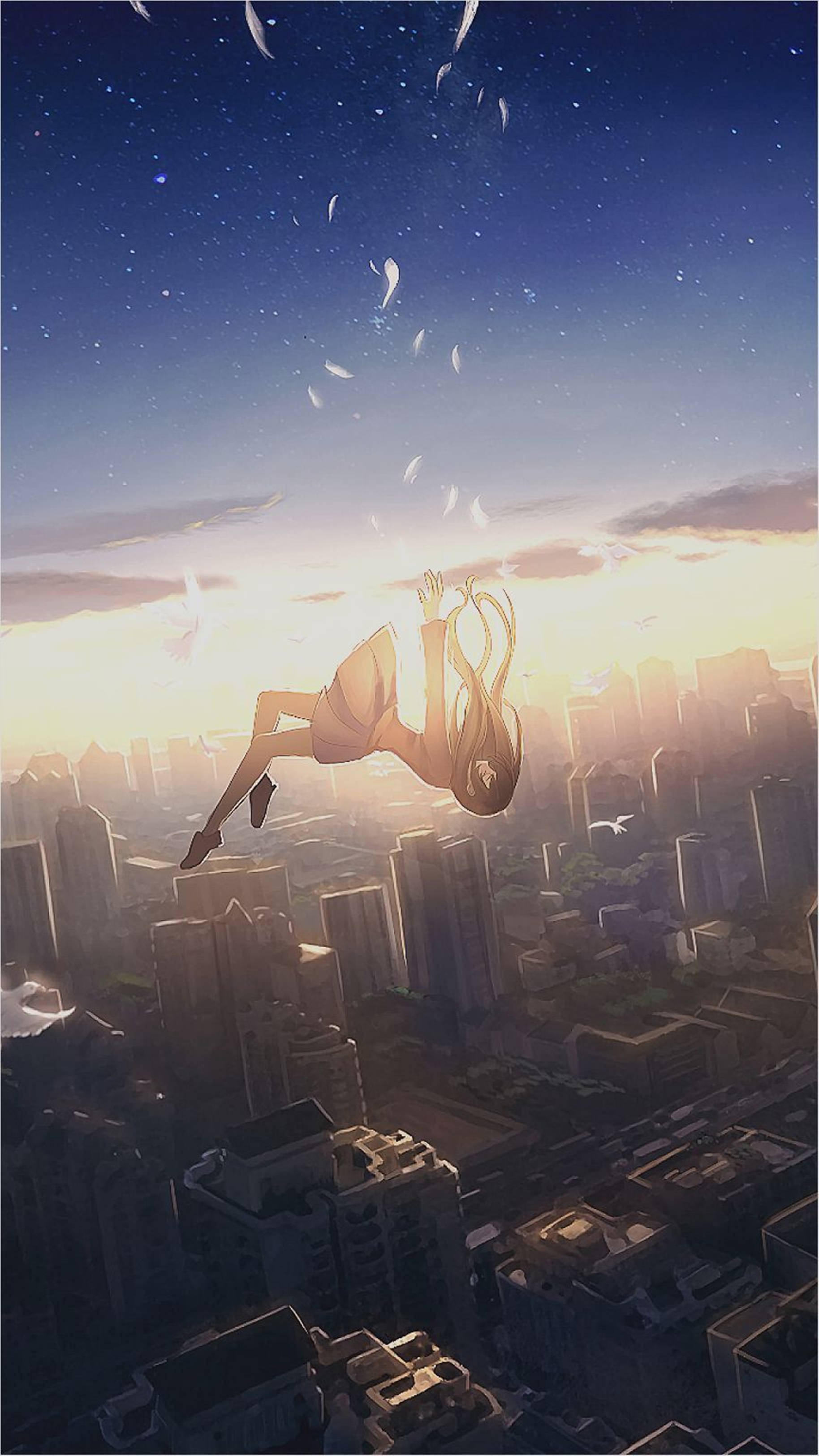 4K Anime iPhone Bumabagsak na Babae sa Lungsod Wallpaper