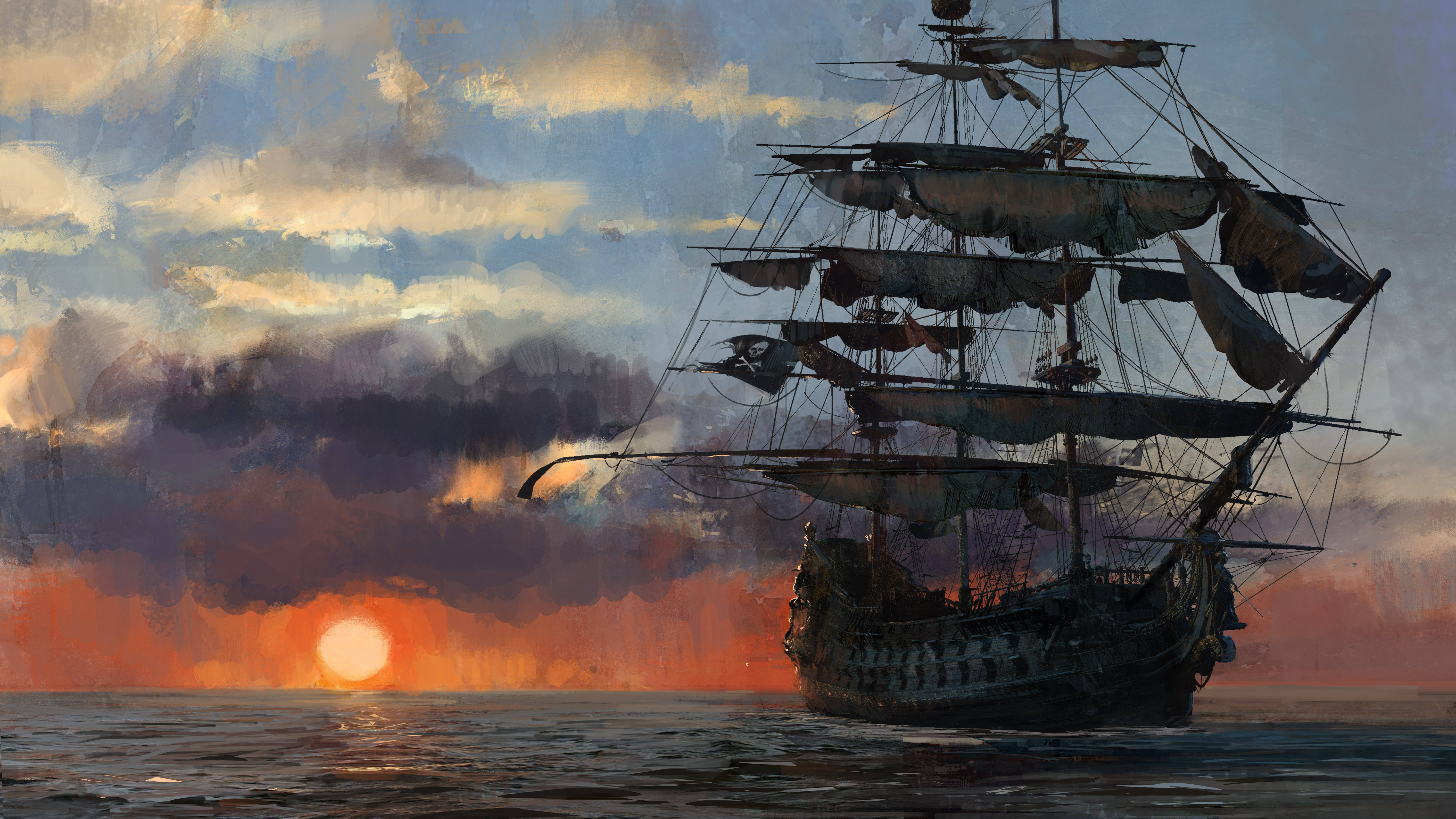 4K Barkong Pirata na Naglalayag sa Paglubog ng Araw Wallpaper