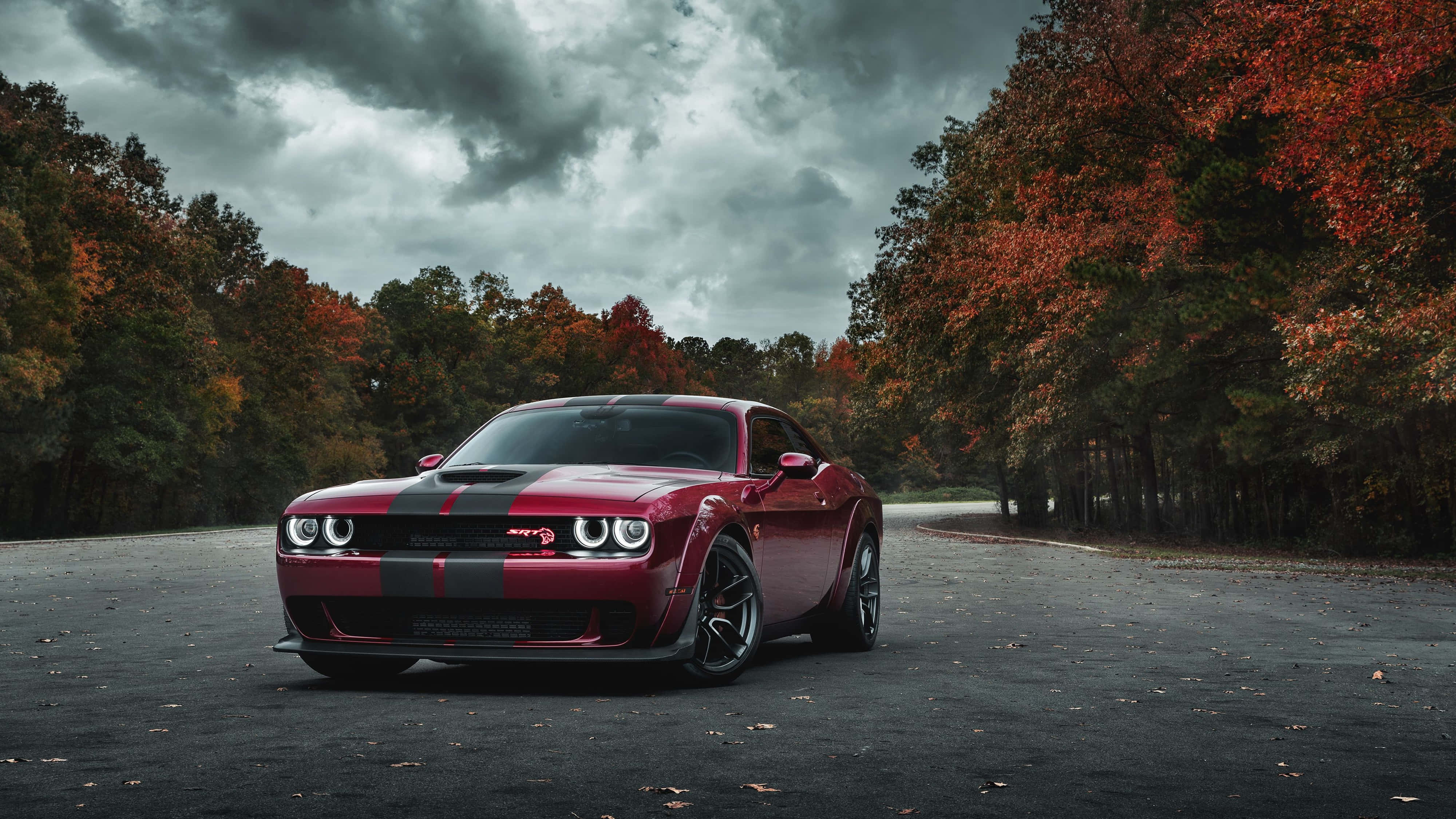 4K Dodge Hellcat Sa Forest Car Park Wallpaper