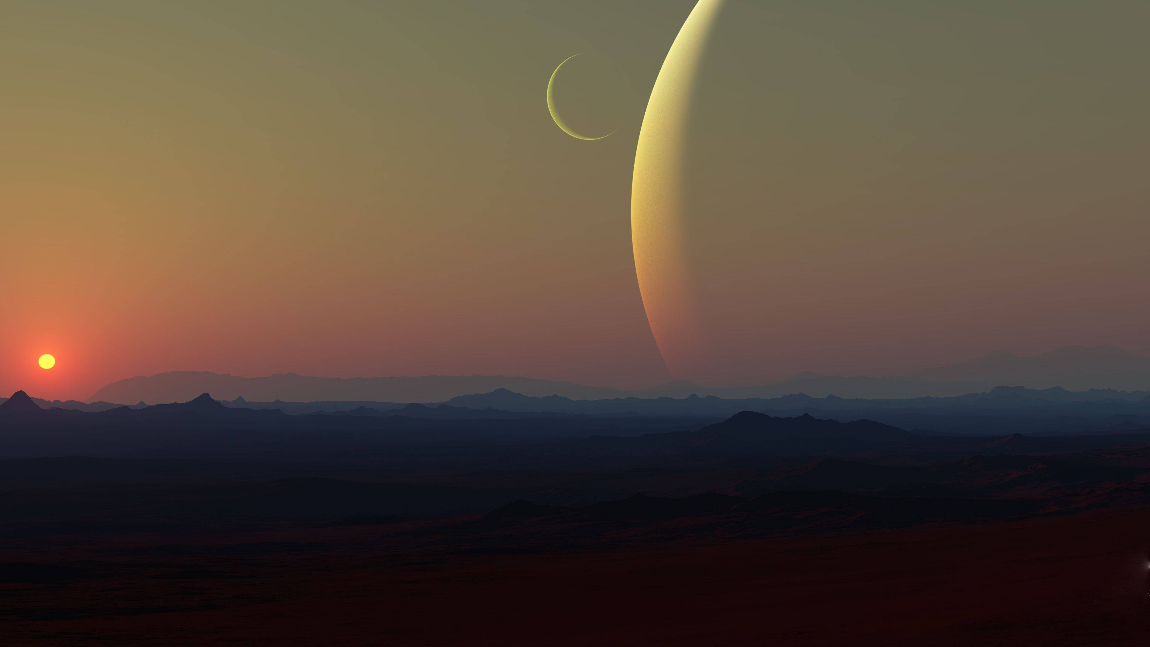 4K Ultra HD 2160p Paglubog ng Araw sa Pantasyang Planeta Wallpaper