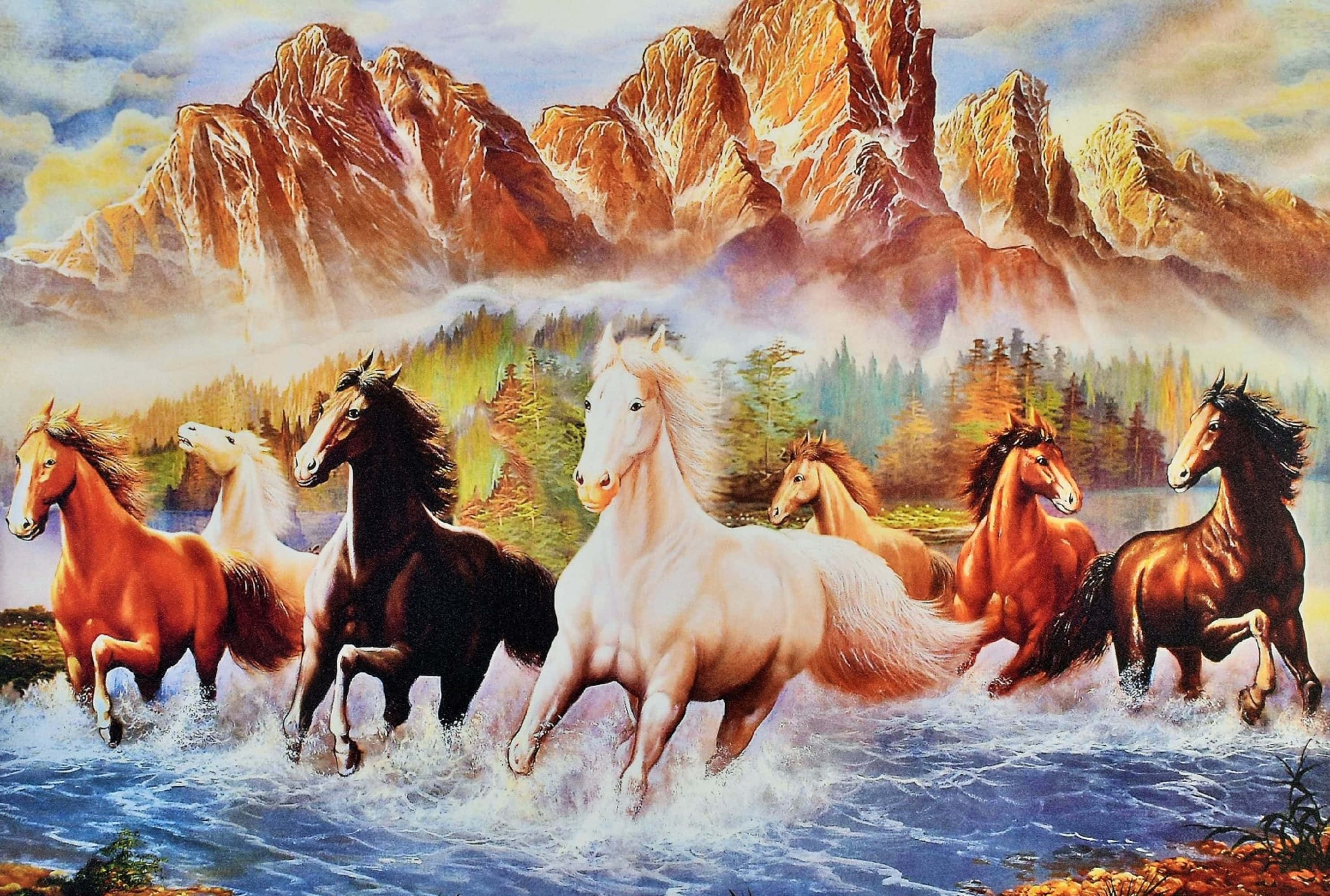 7 Kabayong Naglalakad sa Ilog Wallpaper