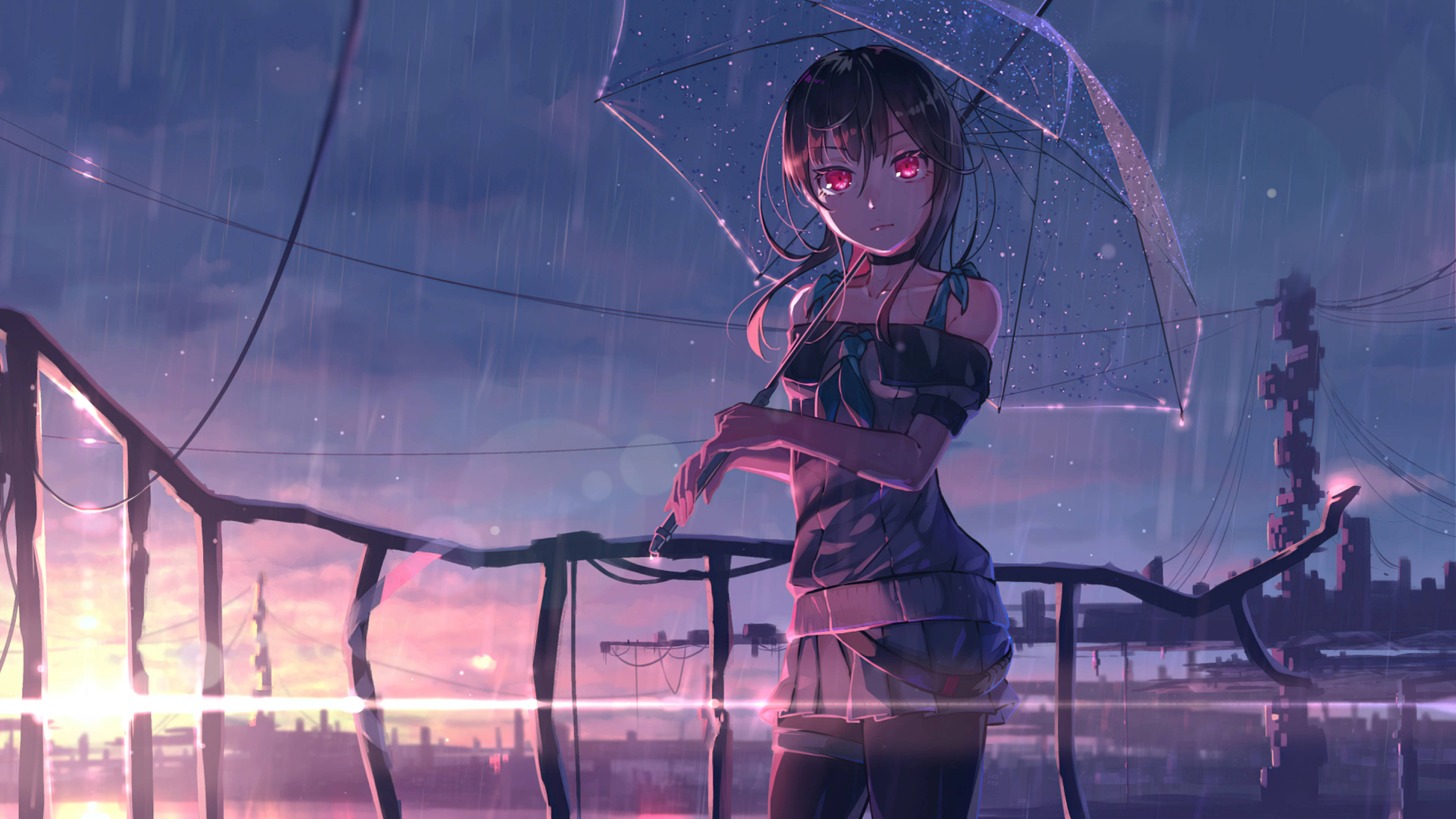 8K Anime na Babae sa Ulan Wallpaper