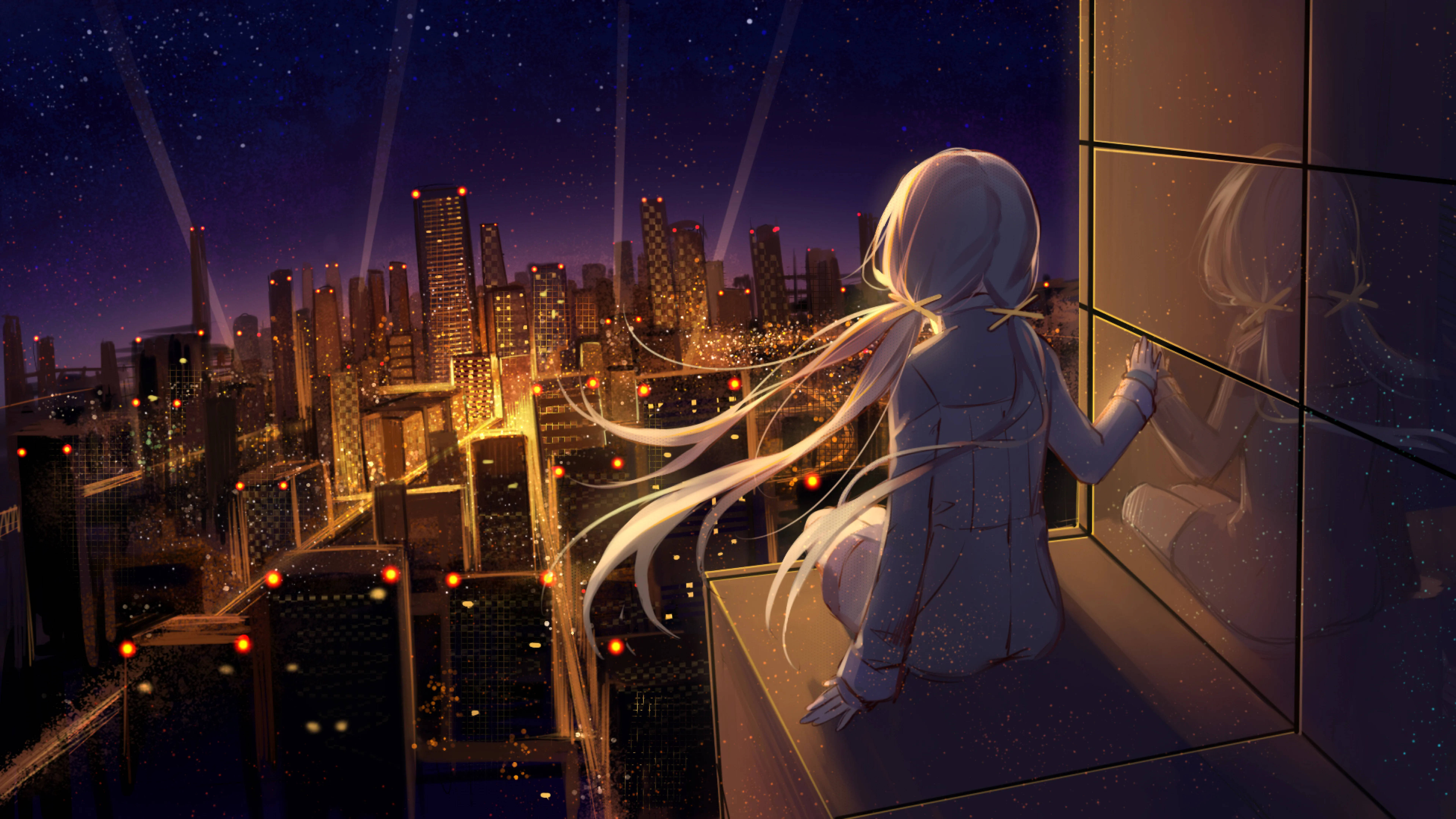 8K Anime na Babaeng Nakatingin sa Lungsod Wallpaper