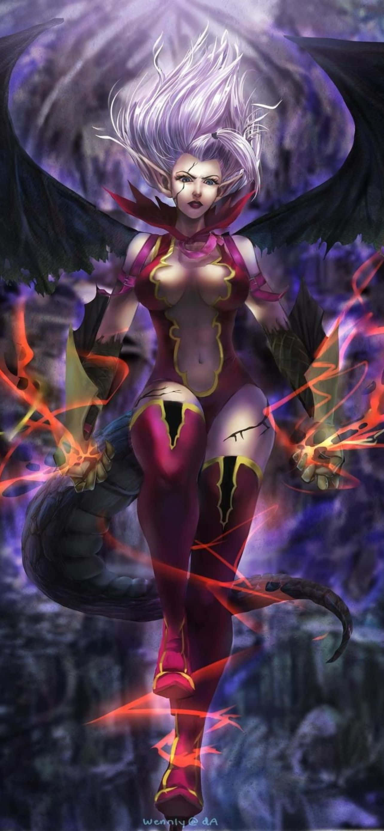 isang babaying karakter na may mga pakpak at isang dragon Wallpaper