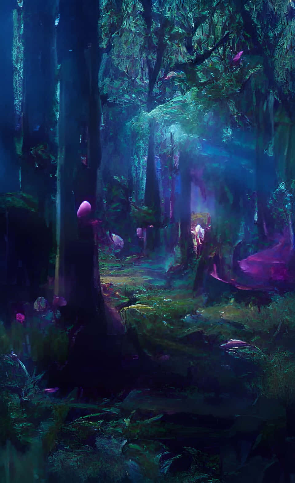 a forest with a lot of trees and a lot of purple lights Wallpaper