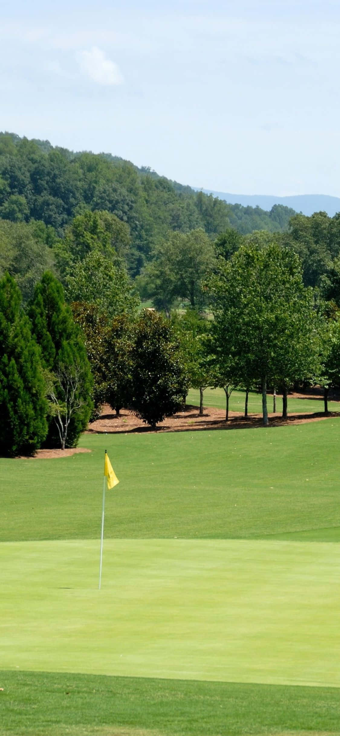 A golfer teeing off against an idyllic backdrop of the golden rolling hills of a golf course. Wallpaper