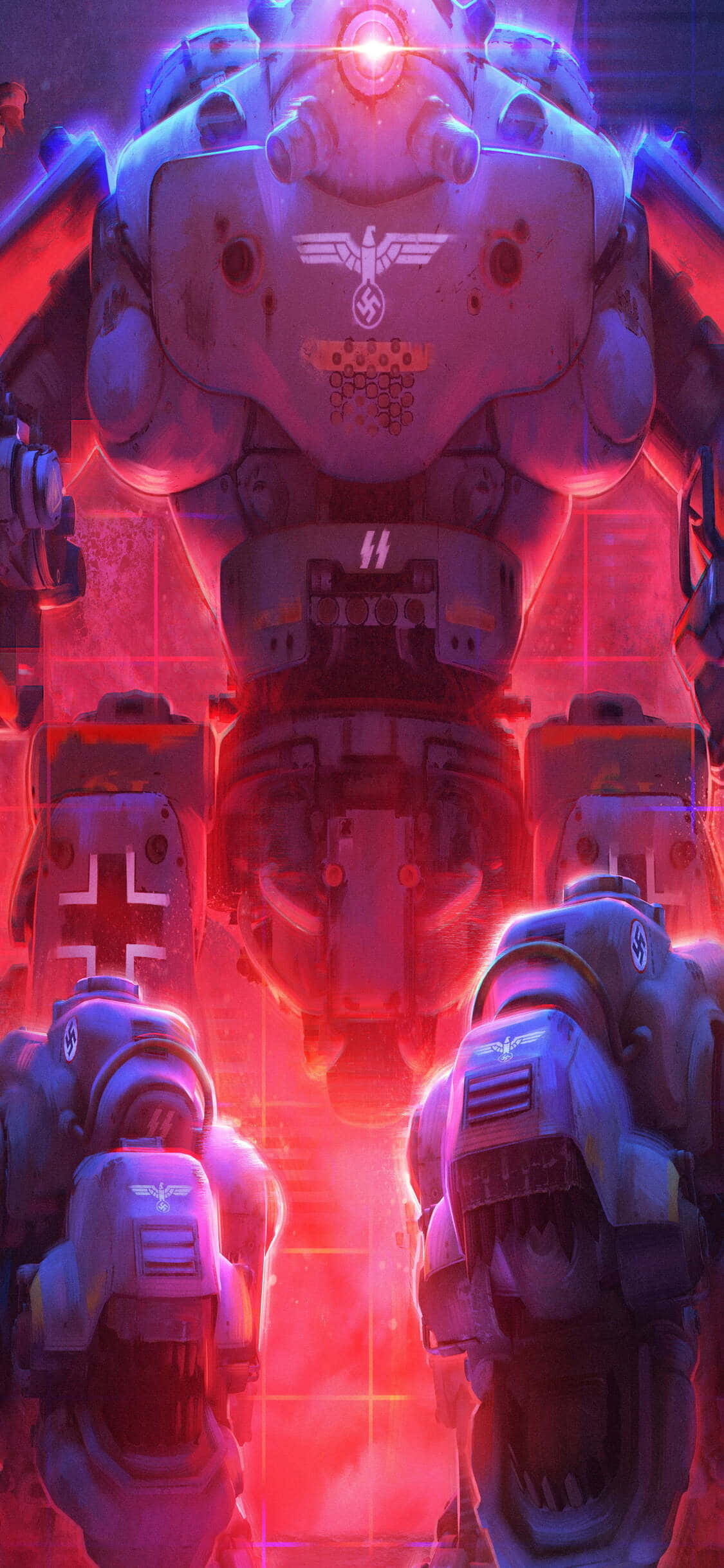 isang grupo ng mga robot sa harap ng isang pulang ilaw Wallpaper