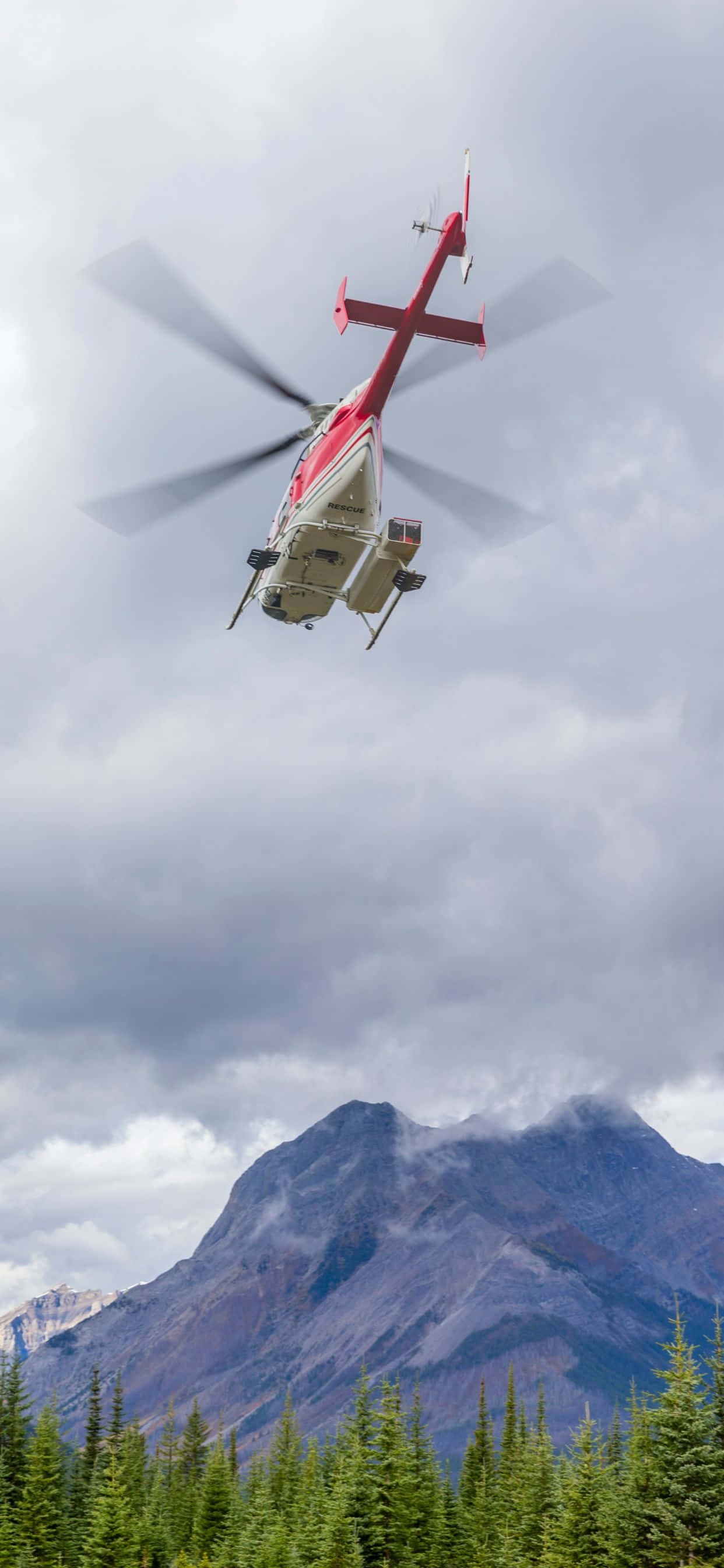 isang helicopter lumilipad sa itaas ng isang gubat na may mga bundok sa likuran Wallpaper