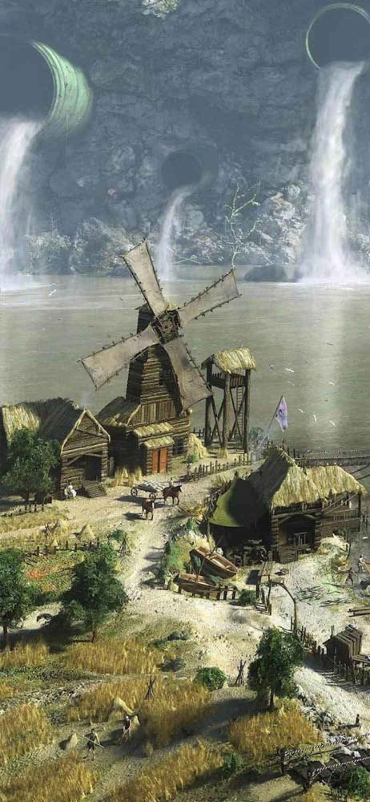 isang painting ng isang windmill at isang water fall Wallpaper