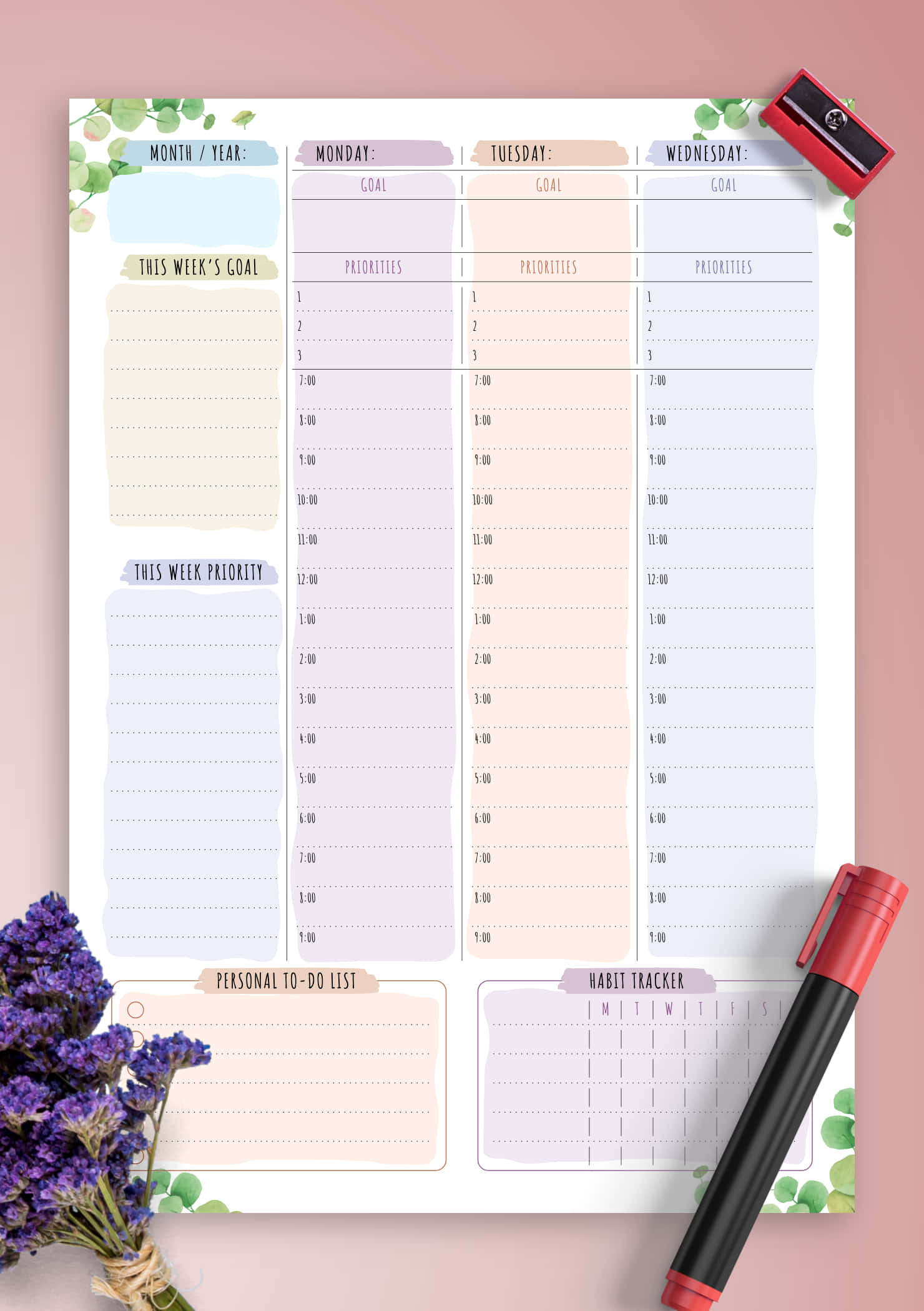 isang naka-print na planner na may lilang mga bulaklak at isang panulat Wallpaper
