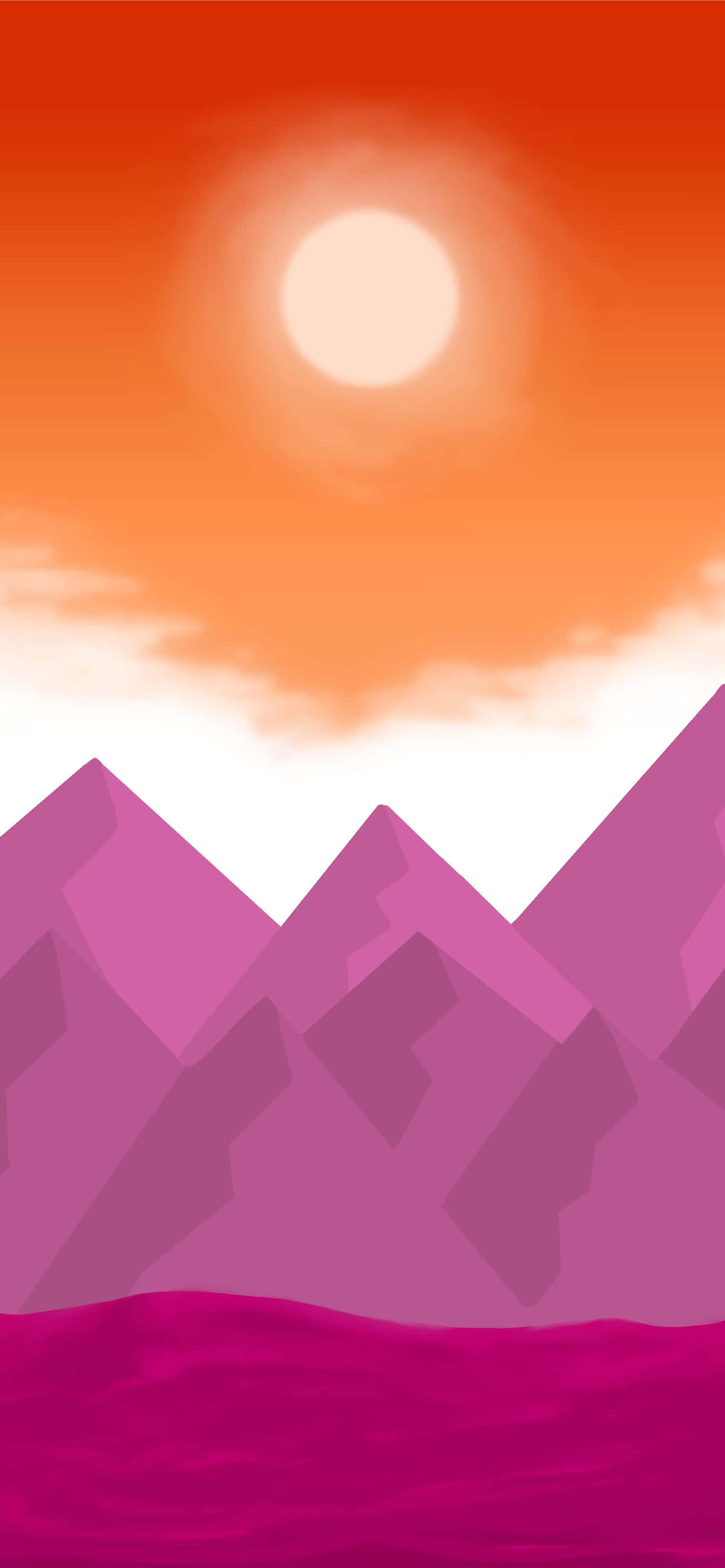 isang lila at rosas na tanawin ng bundok na may araw Wallpaper