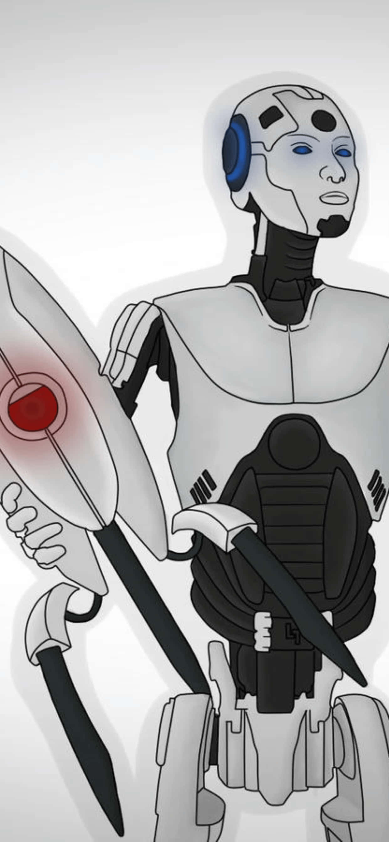 a robot holding a sword and a knife Wallpaper