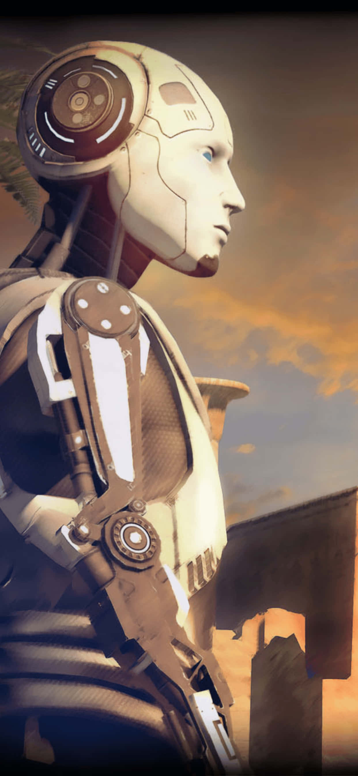 a robot is standing in front of a building Wallpaper