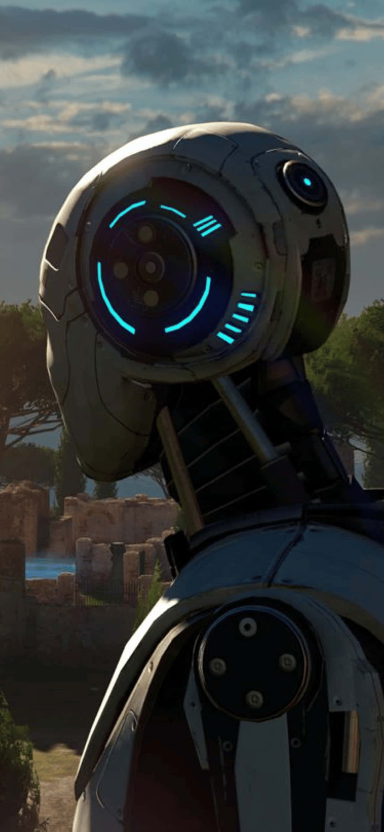 a robot is standing in front of a tree Wallpaper