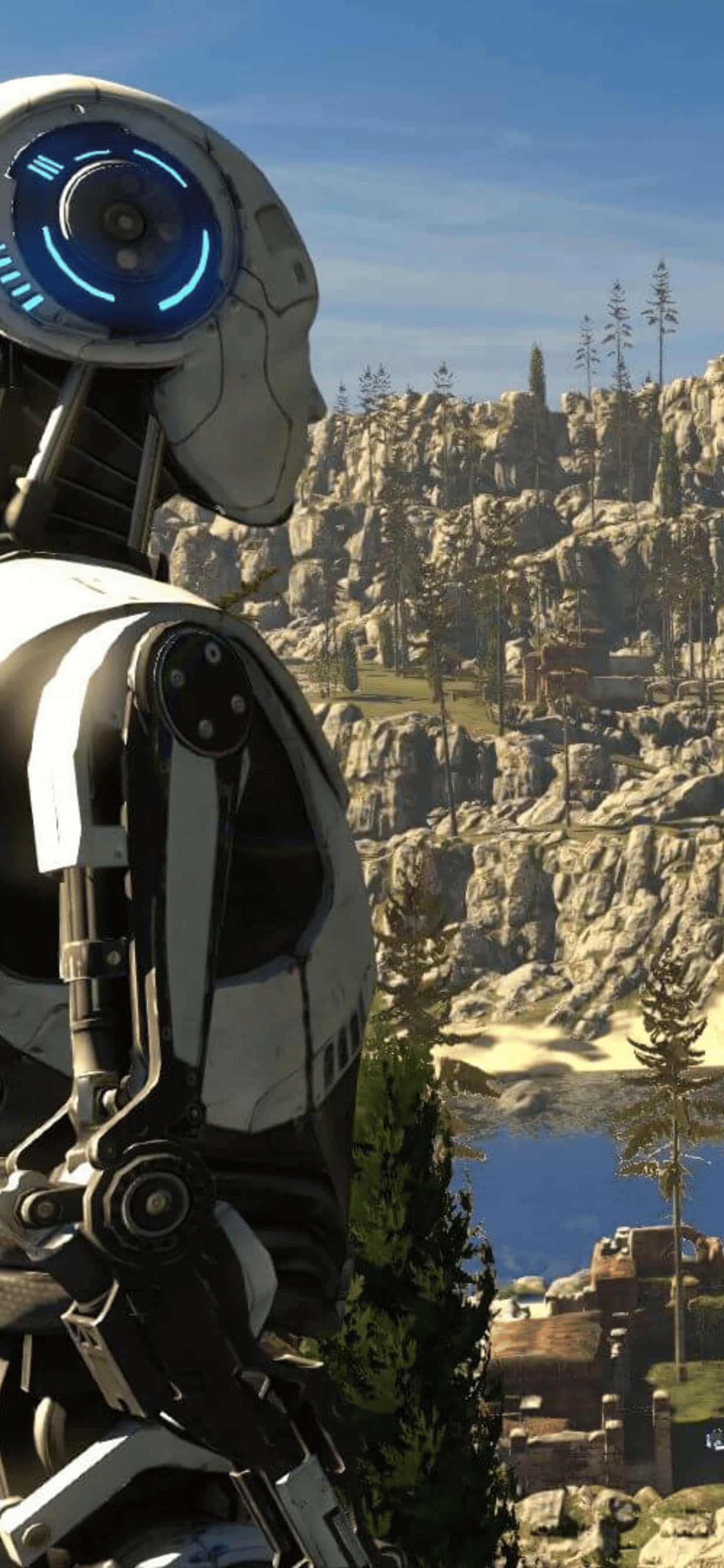 a robot standing in front of a mountain Wallpaper