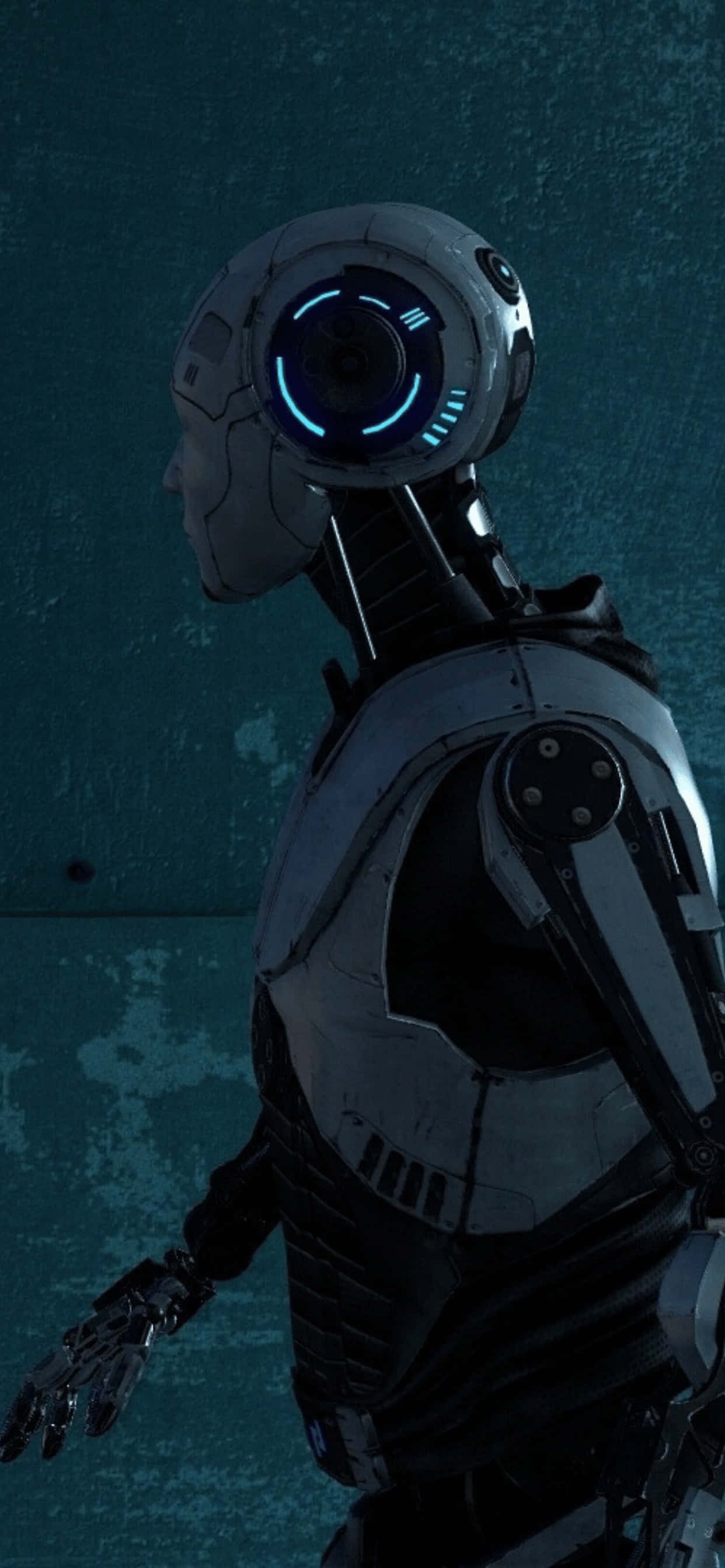 a robot with blue eyes is standing in front of a blue wall Wallpaper