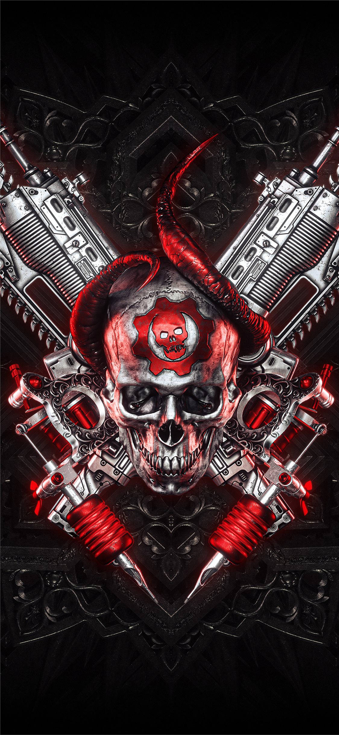 isang skull na may red at black na wings at isang sword Wallpaper