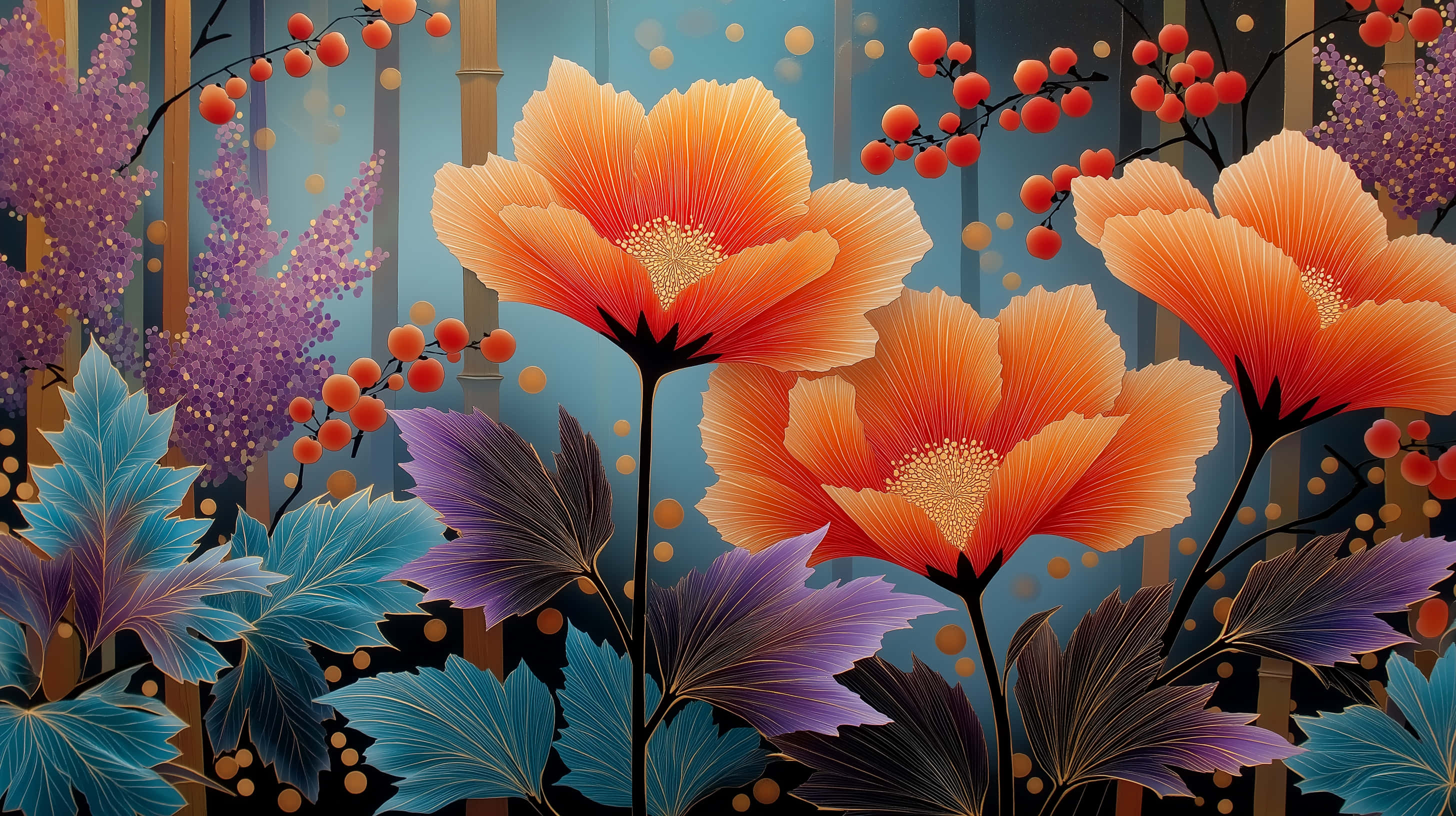 Abstraktong Pagpipinta Estilo Hapones na May Matatapang mga Bulaklak na Kahel Wallpaper