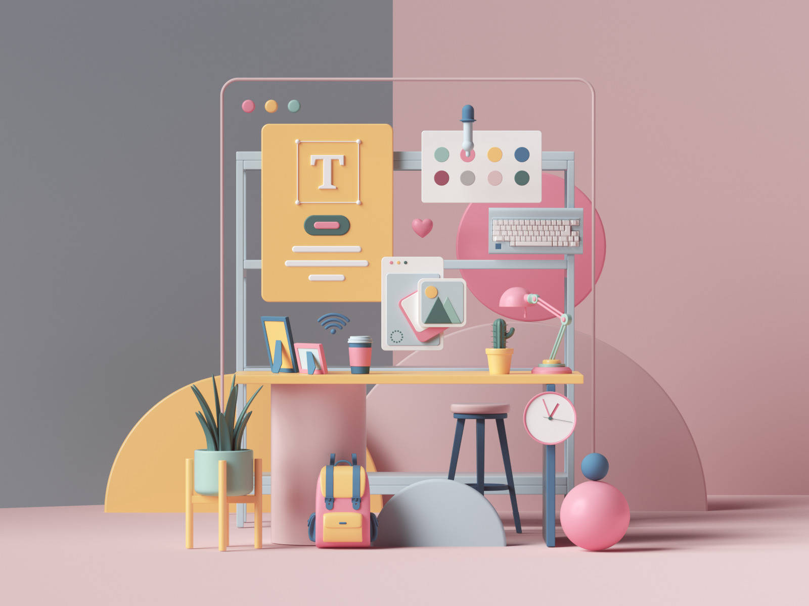 Aesthetic 3D phone sa Pastel Office Setup Wallpaper