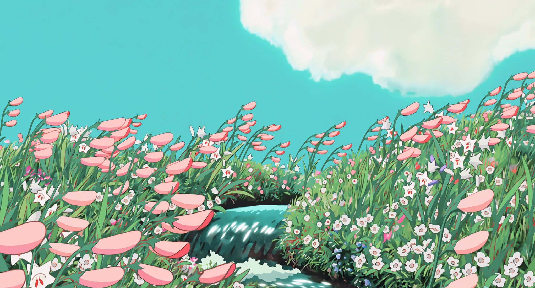 Aesthetic Desktop ng Howl's Moving Castle na may Ilog mula sa Studio Ghibli Wallpaper