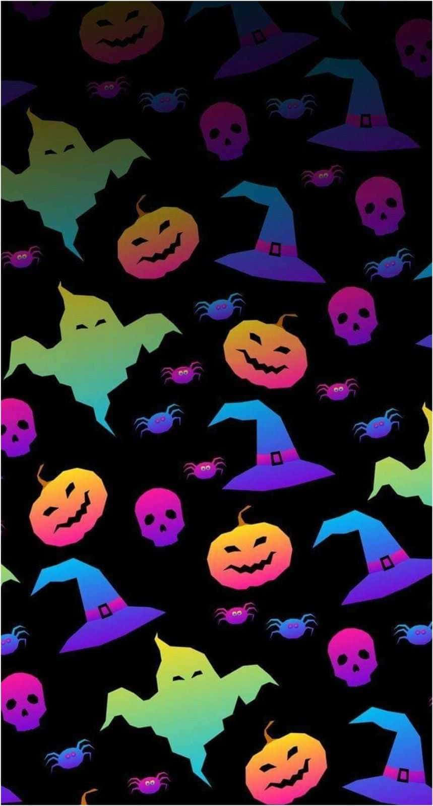 Aesthetic Halloween Background na may mga Ghosts, Pumpkins at Witch Hats Wallpaper