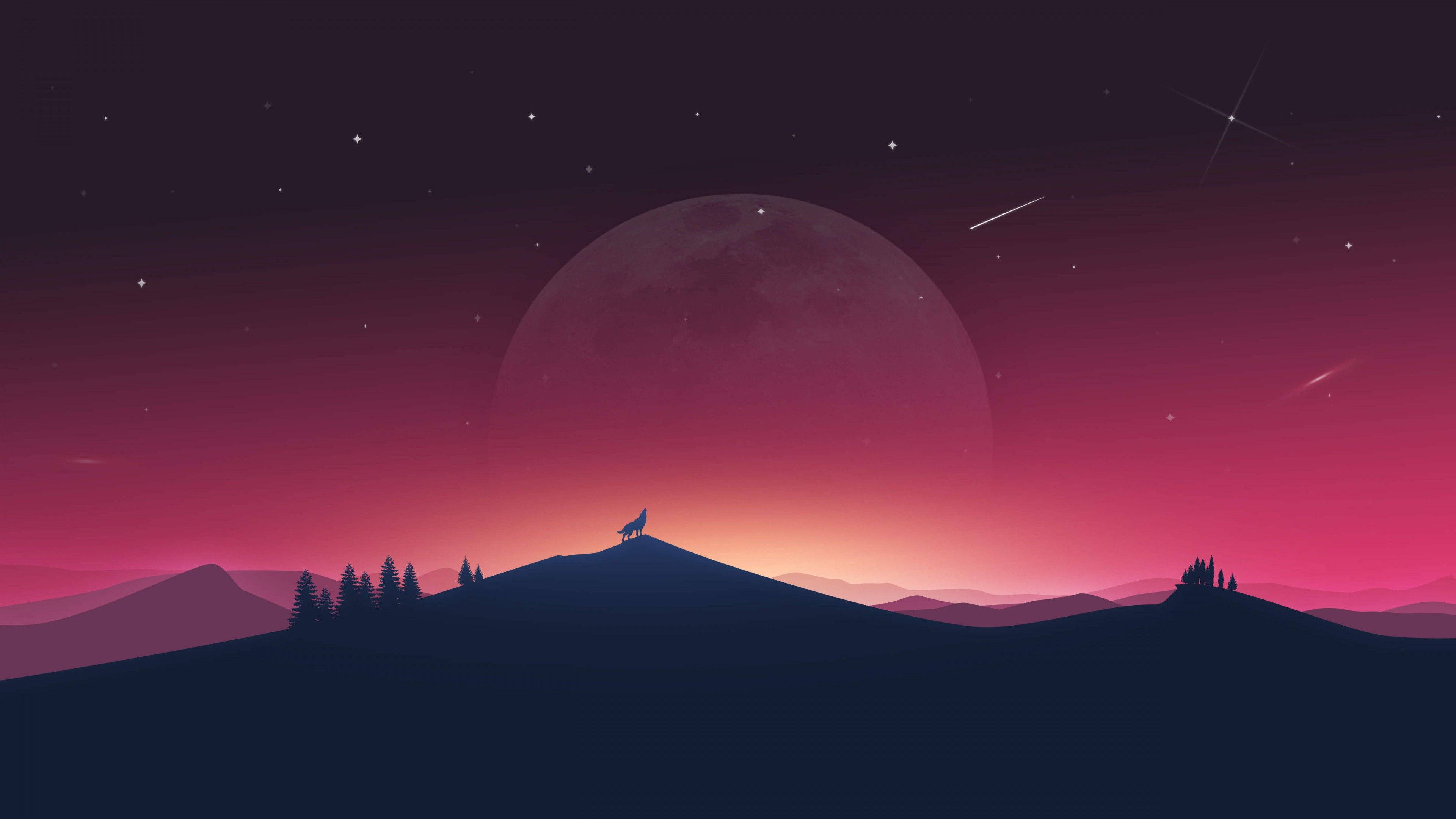 Aesthetic Moon na May Umaangal na Lobo Wallpaper