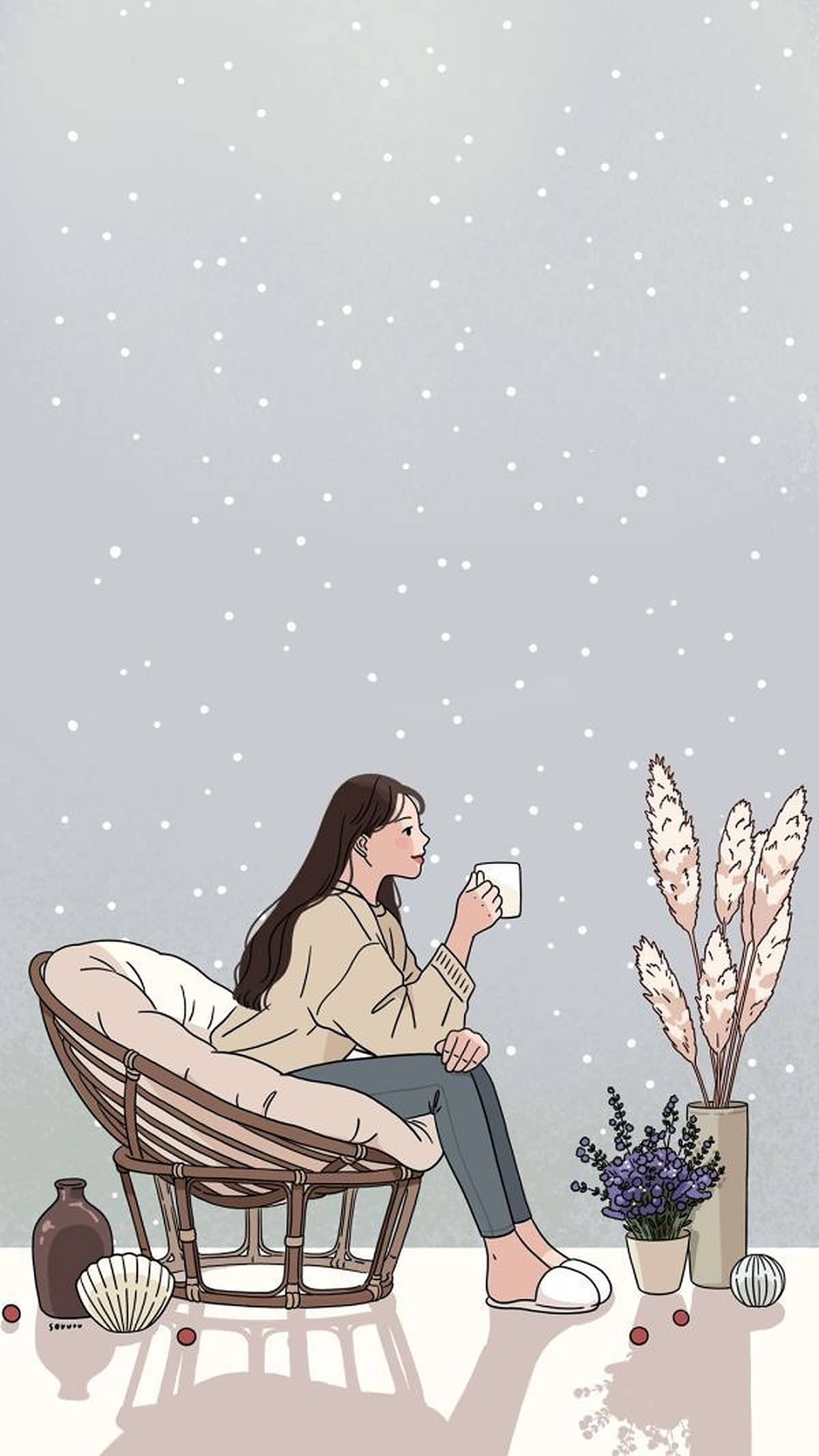 Aesthetic na Babaeng May Kape Wallpaper