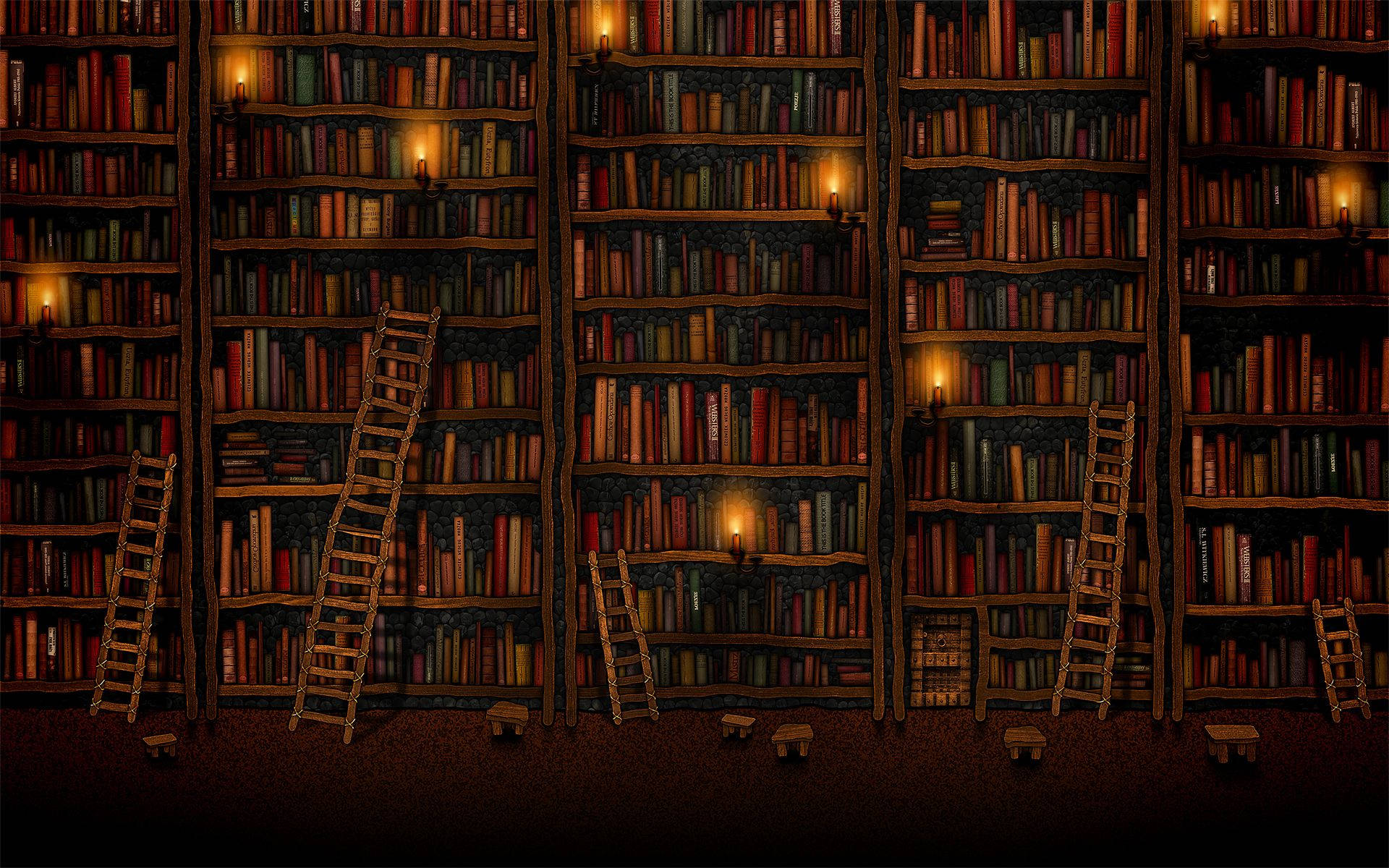 Aesthetic na Brown Bookshelf na may Laptop Wallpaper