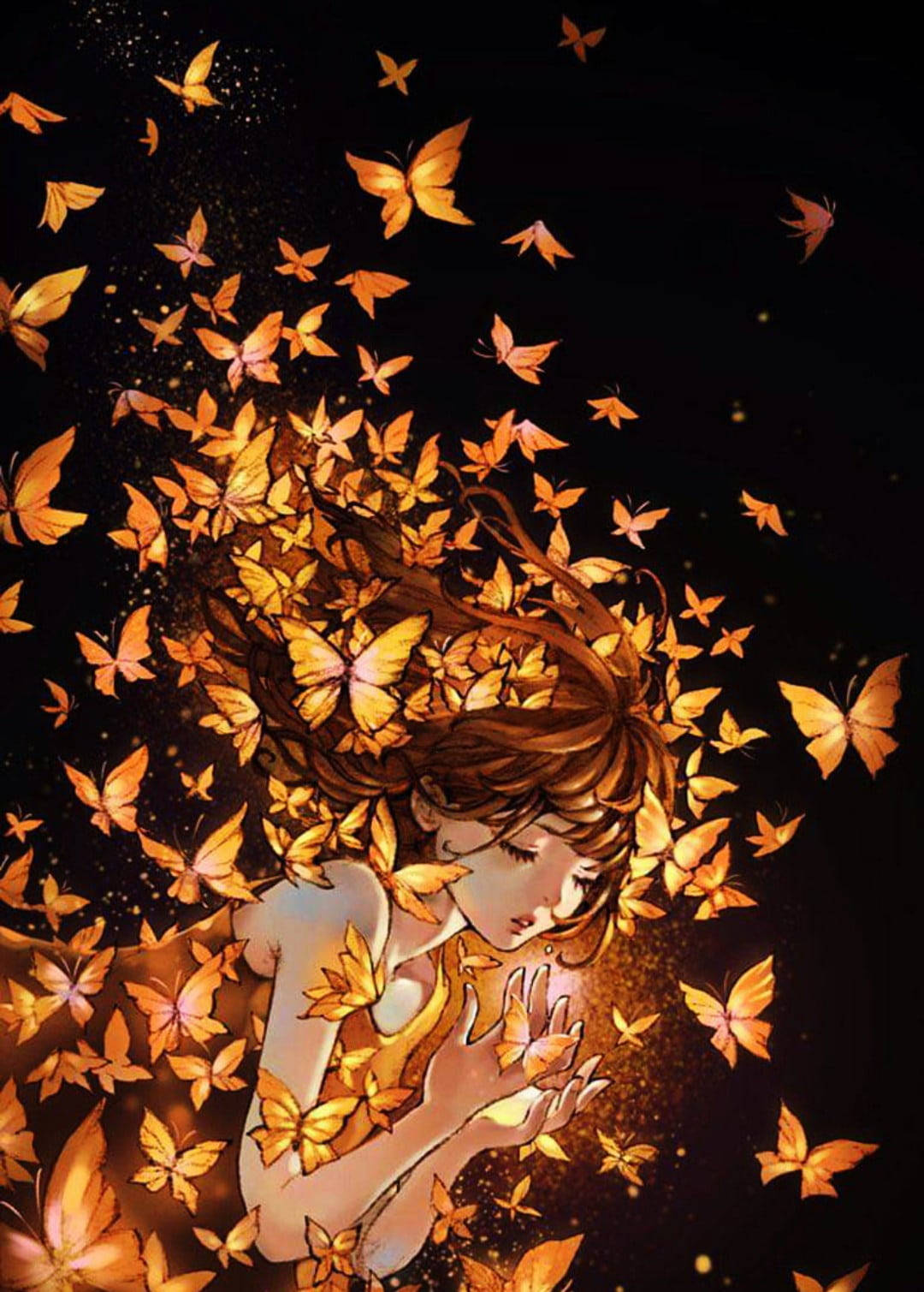 Aesthetic na Orange na Paru-paro sa Paligid ng Isang Babae Wallpaper