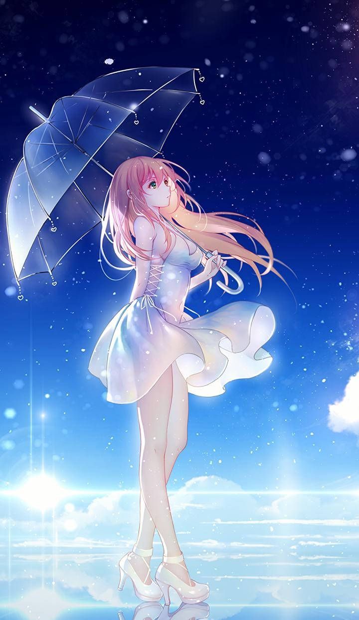 Aesthetic na Payong at Anime na Babae sa Telepono Wallpaper