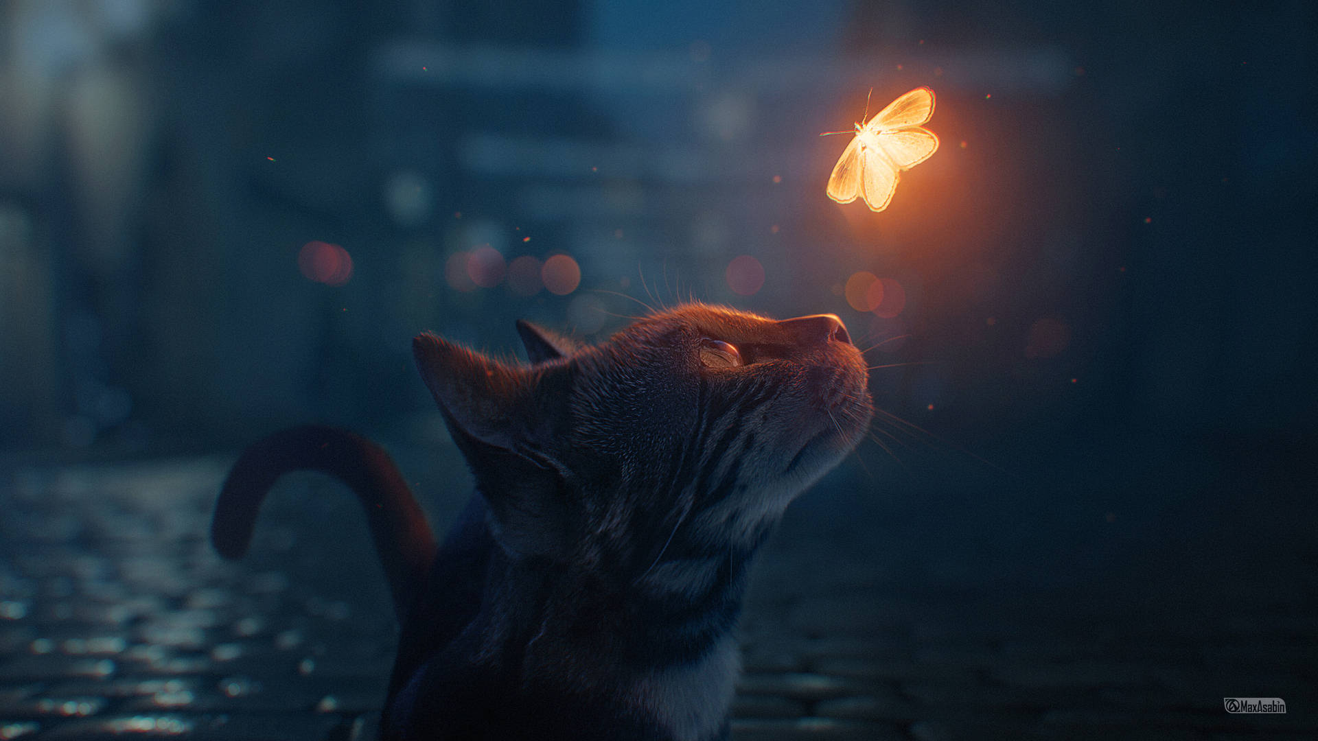 Aesthetic na Pusa na may Paru-paro Wallpaper