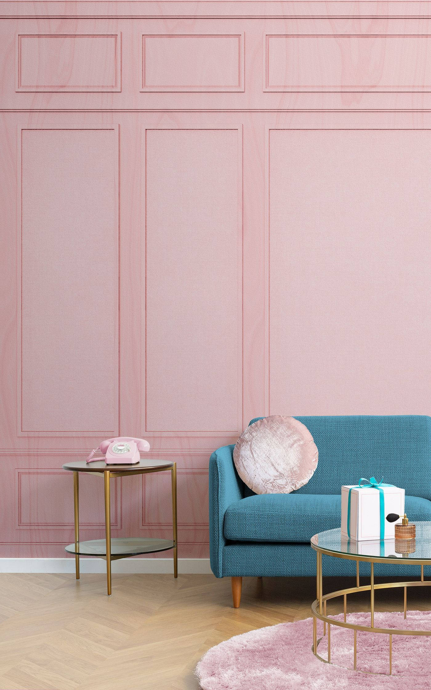 Aesthetic na Sala na may Pink na Dingding Wallpaper