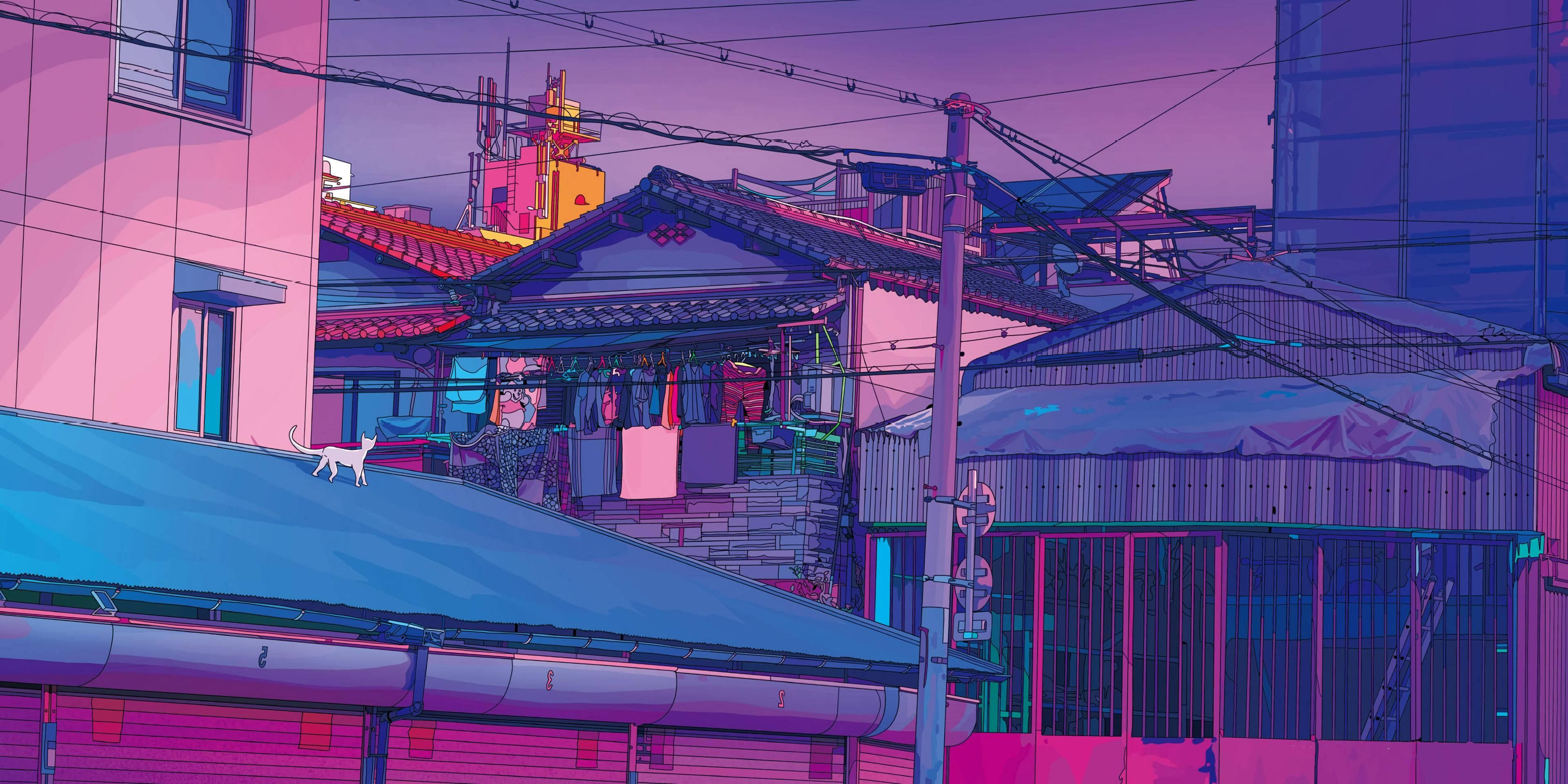 Aesthetic ng MacBook Pro na may Anime-Style na mga Bahay Wallpaper