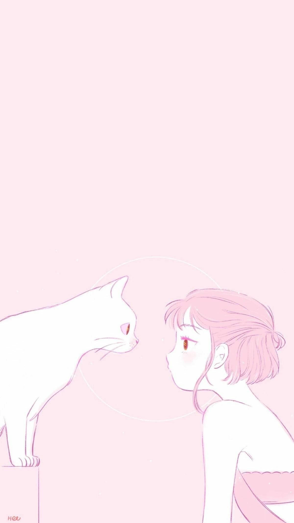 Aesthetic Pink na Anime na Pusa at May-ari Wallpaper