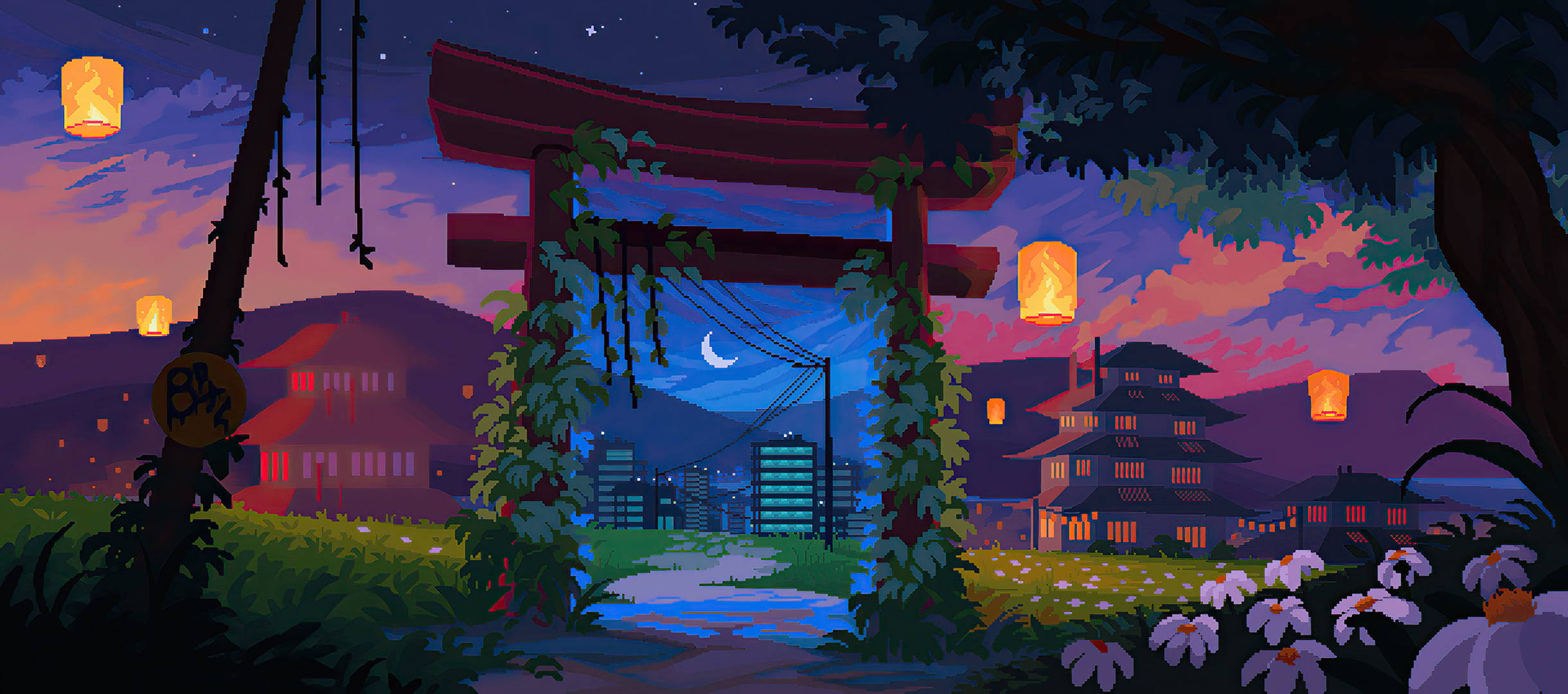 Aesthetic Pixel Art ng Japanese Shrine sa Lungsod Wallpaper