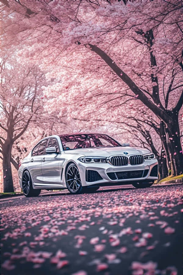 Aesthetic Spring Sleek White BMW Sa Ilalim ng Cherry Blossoms Wallpaper