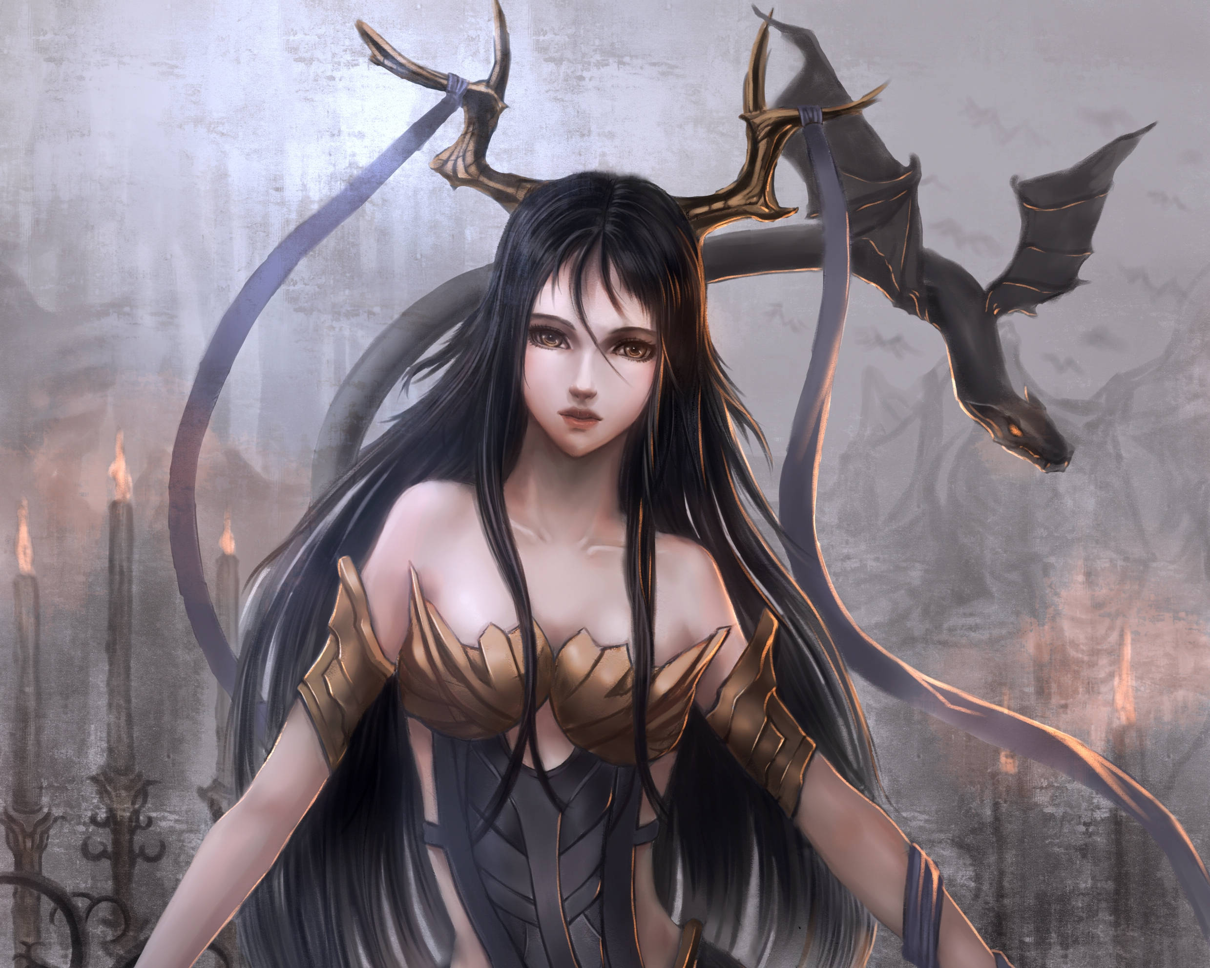 Ahas na Dragon sa Likod ng Malungkot na Demonang Babae Wallpaper