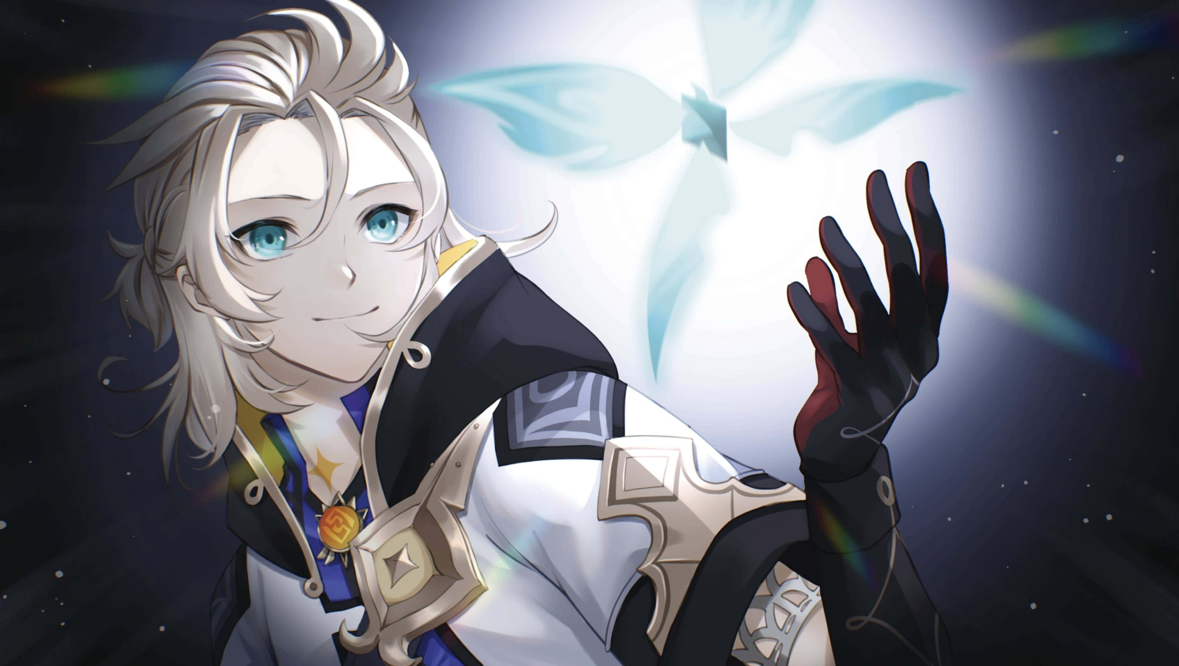 Albedo Genshin Impact Nakatingin sa Asul na Bulaklak Wallpaper