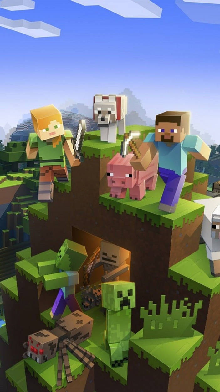 Alex at Steve Kasama ang Mga Hayop na Mobs sa Minecraft iPhone Wallpaper