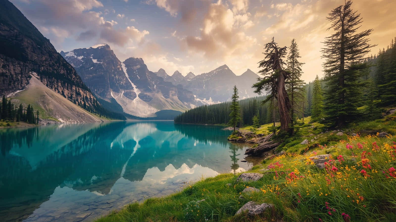 Alpine Wildflowers at Sunset over Glacial Lake Wallpaper