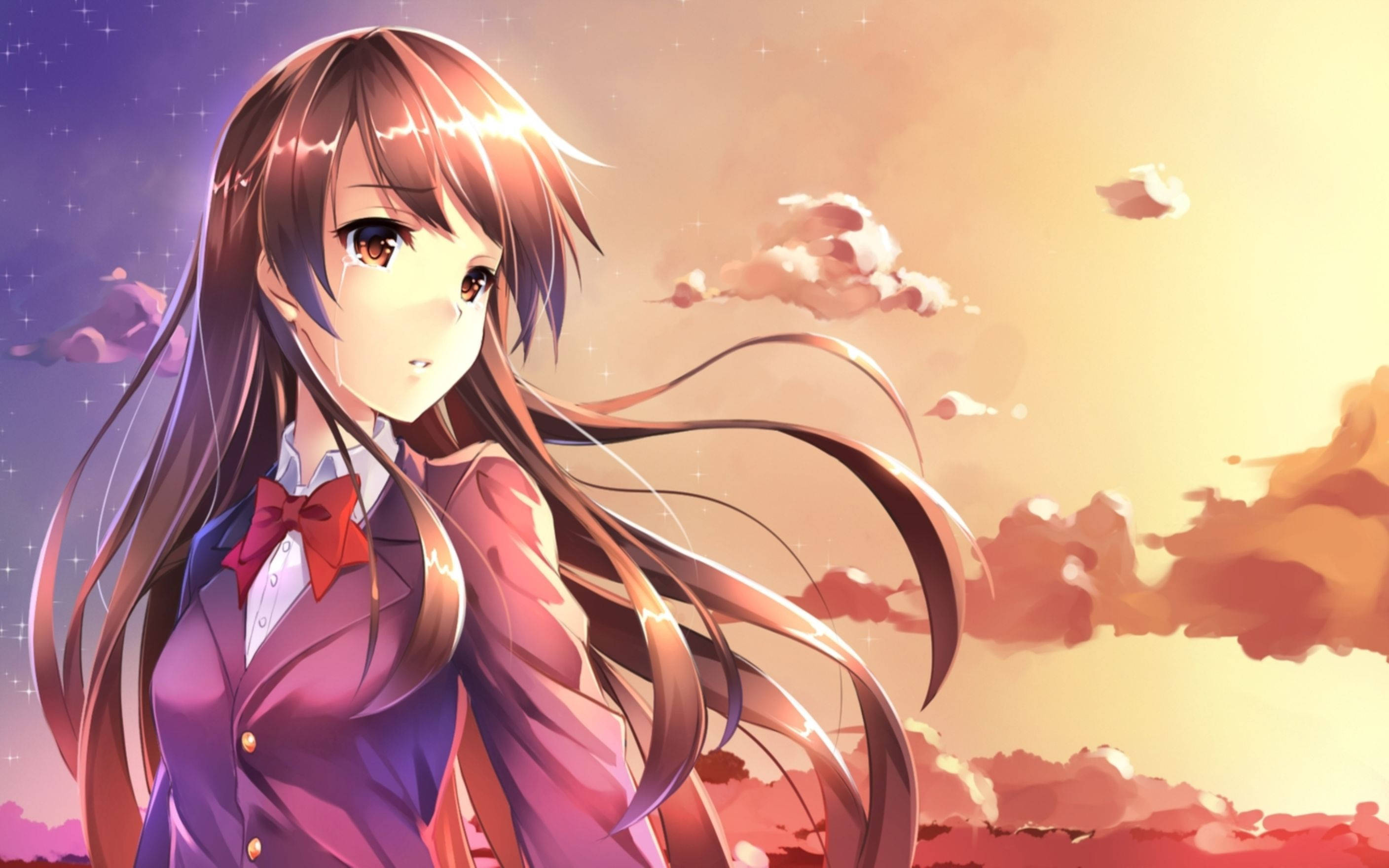 Ang babaeng anime na ito ay umiiyak sa isang magandang paglubog ng araw, ang kanyang kalungkutan ay pinapawi ng kapayapaan ng gabi. Wallpaper