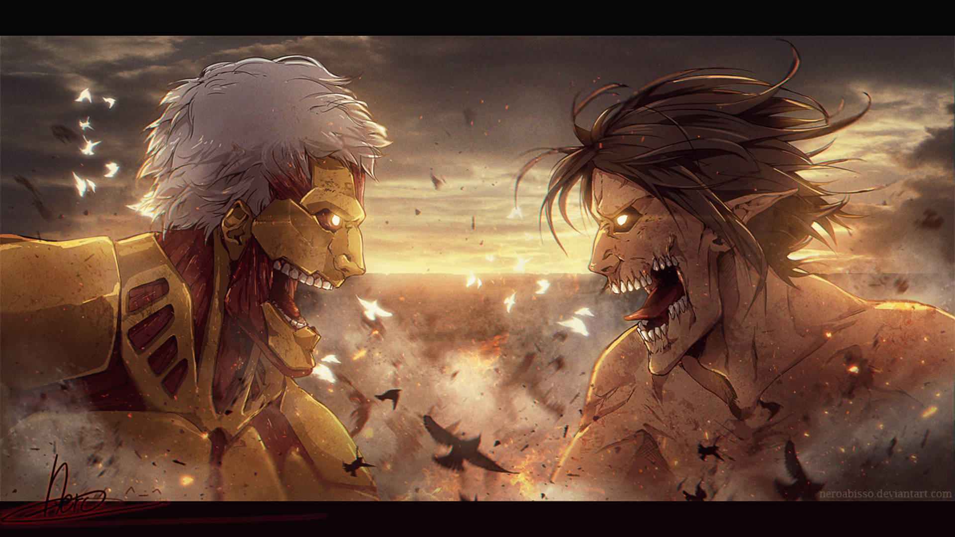 Ang Epikong Laban sa pagitan ng Armored Titan at Attack Titan Wallpaper