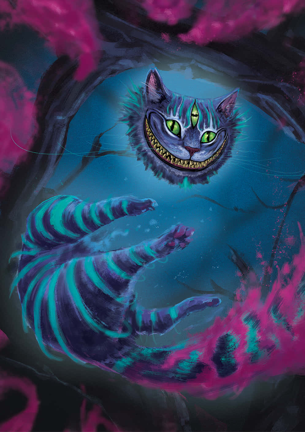 Ang iconic na Cheshire Cat, kasama ang kanyang malikot na ngiti, ay isang klasikong karakter mula sa mga kuwento ng Alice in Wonderland. Wallpaper